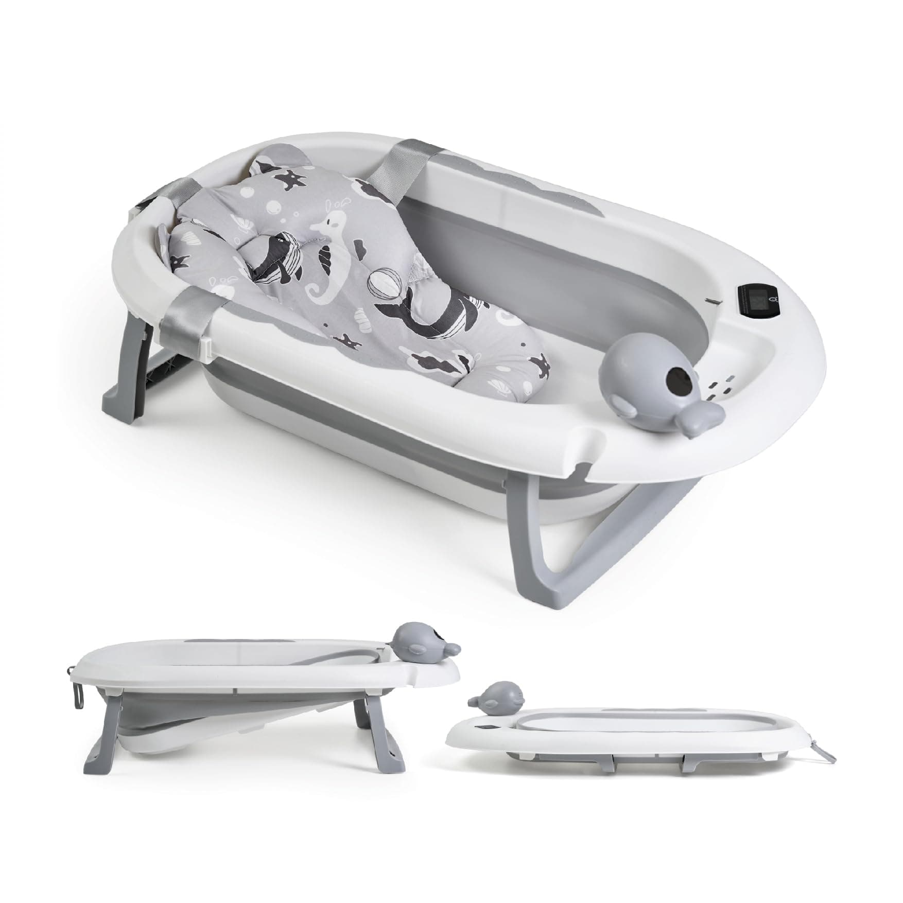 Buddy Baby - Bañera Plegable BebéSplash con Temperatura - Desde 0 meses - Cojín reductor extraíble - Base antideslizante - Tapón desagüe - Diseño compacto y portátil - Regadera ballena