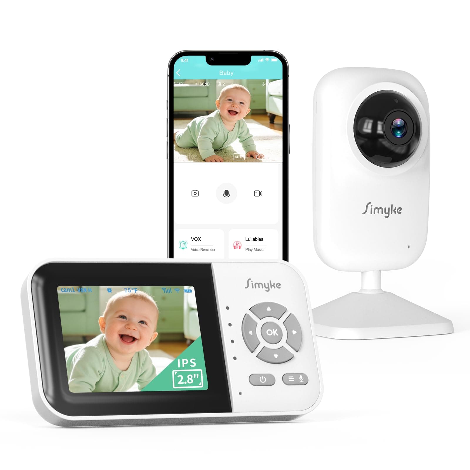 Simyke Moniteur Vidéo pour Bébé, Caméra WiFi pour Bébé, Affichage de 2,8″ et Contrôle d'Application, Portée de 1000 Pieds, Conversation à 2 Voies, Vision Nocturne Automatique, Alerte