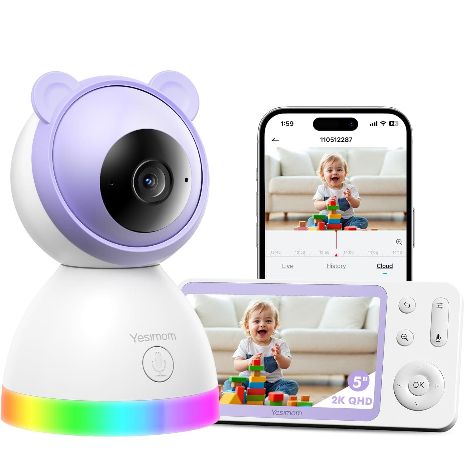 YESIMOM 2K Baby Monitor Video e Audio, Telecamera Bambini Supporto Controllo Tramite Cellulare APP & 5" Monitor, Videocamera Neonato con Luce Notturna, 360° PTZ, Allarmi Pianto e Movimento(8TM-1PZ