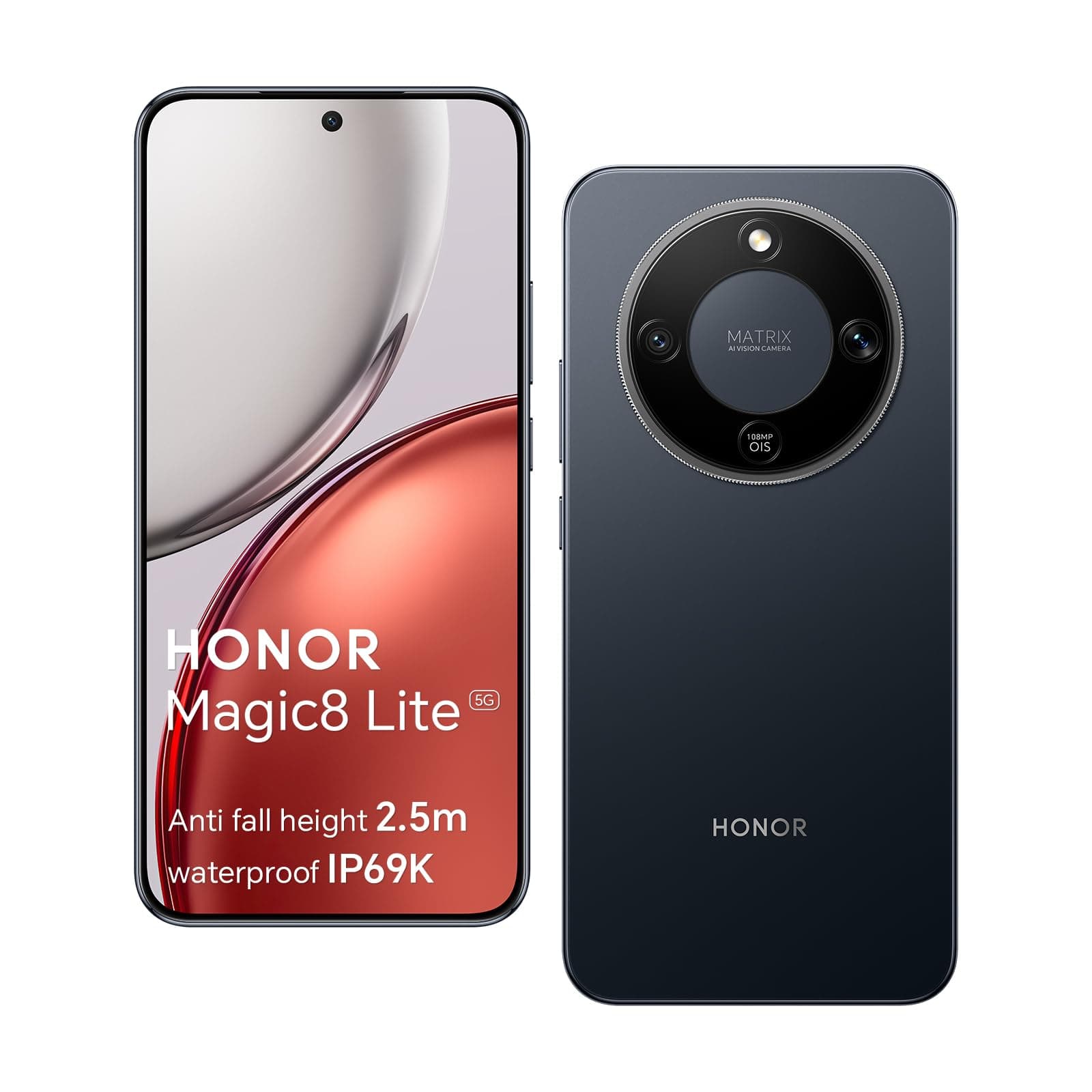 HONOR Magic8 Lite 5G Smartphone, Cámara con IA de 108 MP, Batería de 7330 mAh, 8 GB RAM y 256GB, 6,79" 120 Hz 6000 nits, Snapdragon 6 Gen 4, Resistencia a Caídas de 2,5M, IP69K IP68, Negro