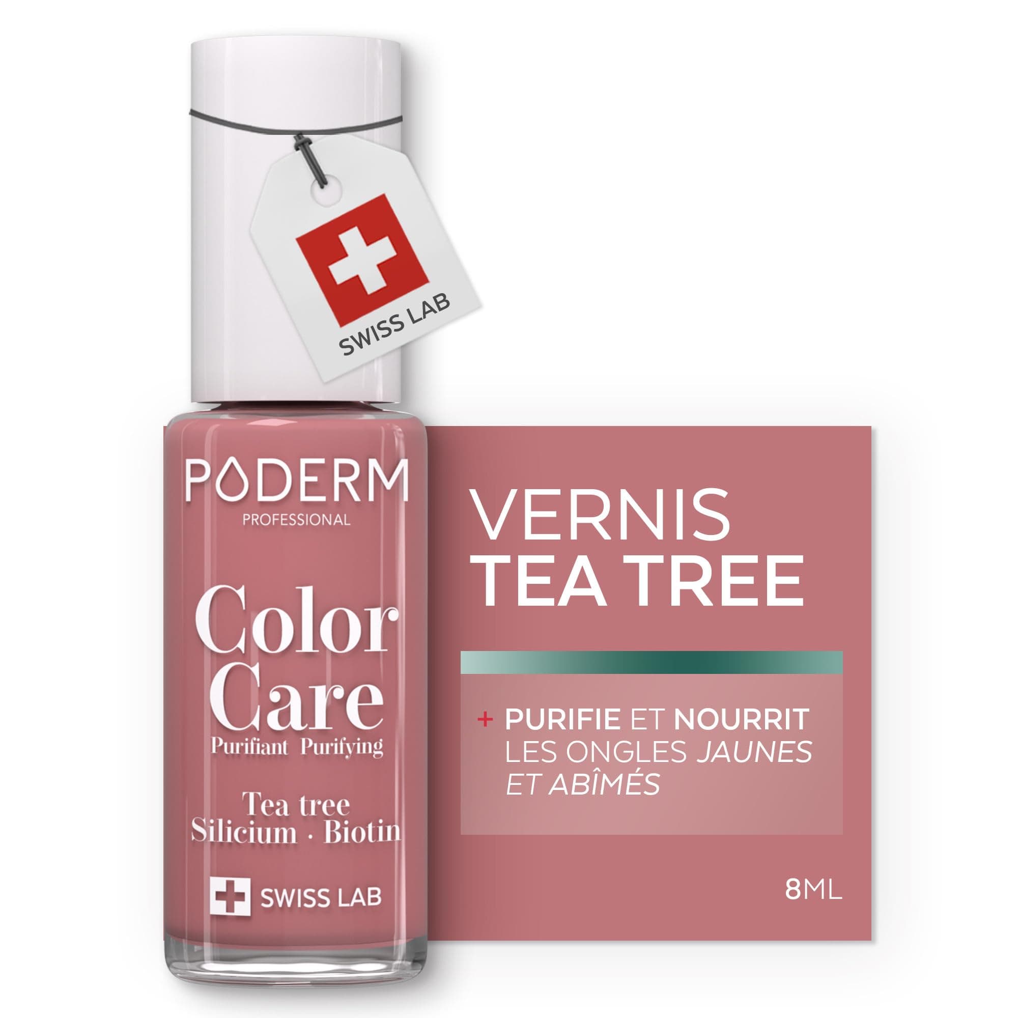 PODERM Vernis Mycose à Ongles - Swiss Made | Couleur Bois de Rose - 8ML | Antifongique au Tea Tree, Silicium & Biotine | Renforce, Répare & Camoufle les Ongles Jaunes et Abîmés | Créé par un Podologue