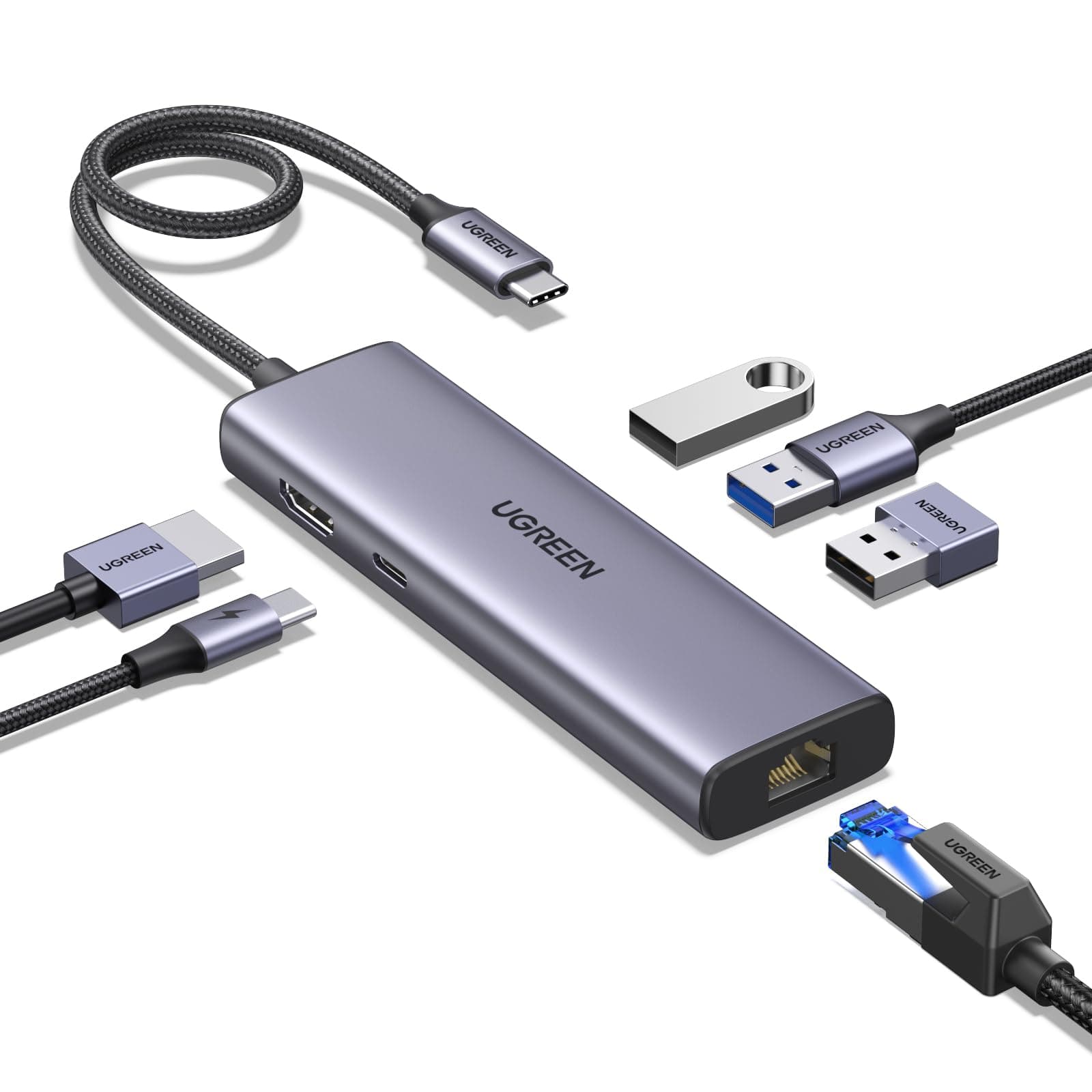 UGREEN Revodok 1061 USB C Hub Ethernet, 4K HDMI, PD100W, 3*USB A 3.0 Docking Station kompatibel mit iPhone 17/16, MacBook Pro M4, Mac mini M4, iPad, Surface, Galaxy S24, Steam Deck usw.