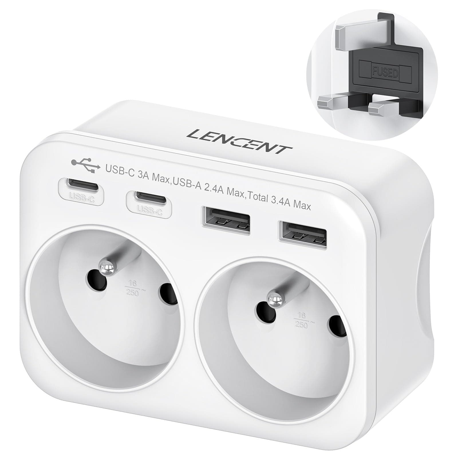 LENCENT Adaptateur Prise Anglaise/UK/Angleterre et Française avec 2 Ports USB et 2 Ports USB-C adapté à Irlande, Royaume-Uni, Écosse, électrique Mâle UK/Femelle France, Type G