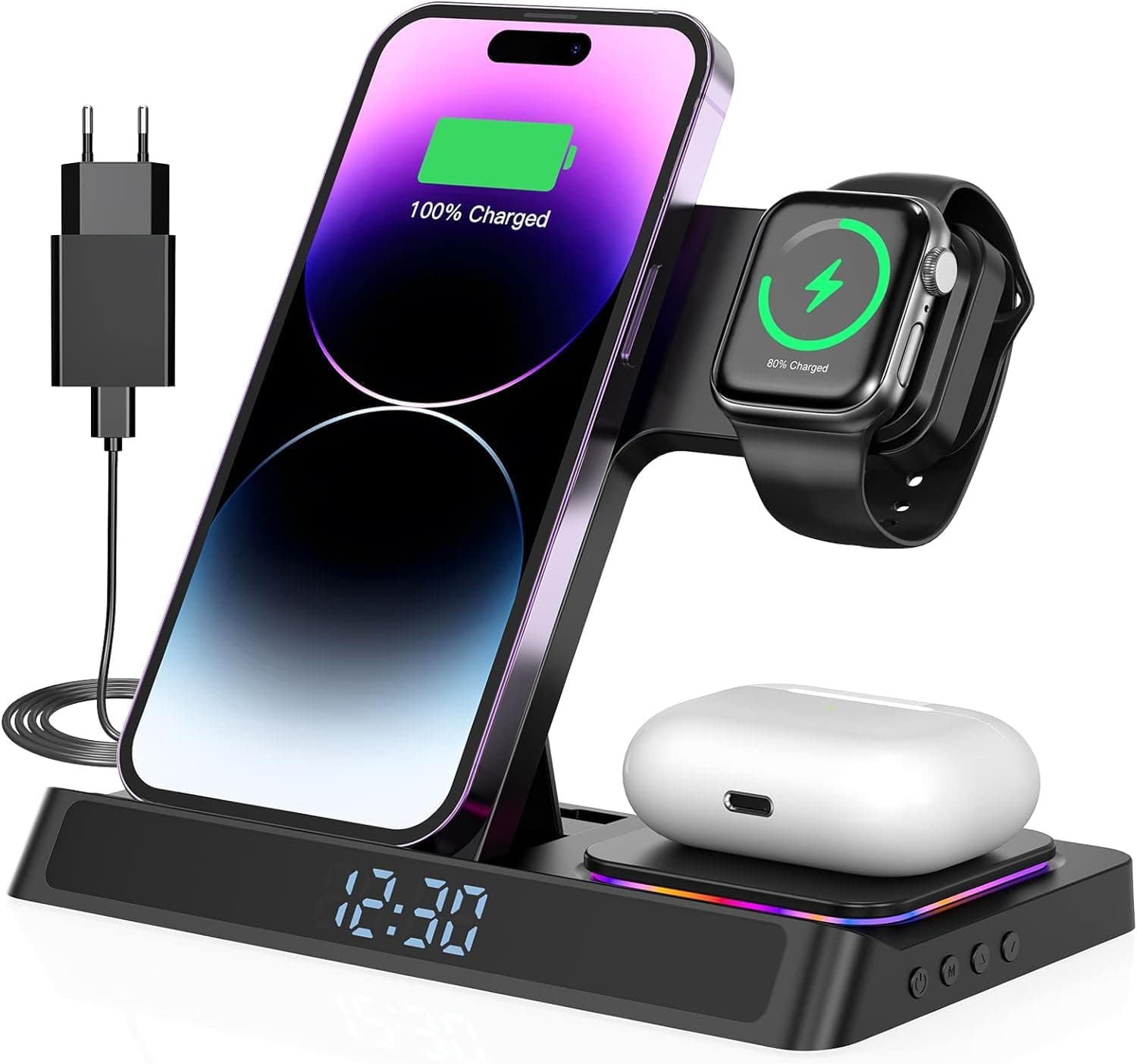 Caricatore wireless 4 in 1 Caricatore per iPhone 16 15 14 13 12 11 Pro SE X XS XR & Watch 9 8 7 6 SE 5 4 3 2,Ricarica Wireless Per i-Watch Ultra 9 8 7 6 SE 5 4 3 Wireless earphones 3/Pro 2