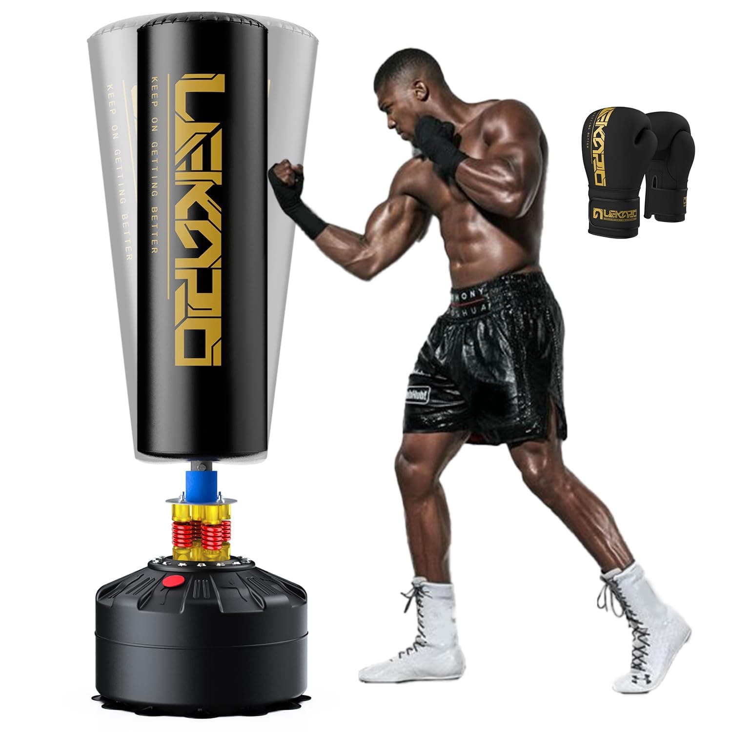 LEKÄRO Sacco Boxe da Terra, Sacco da Boxe Autoportante MMA con Base a 12 Potenti Ventose, kit per allenamento per MMA, muay thai, fitness, casa, palestra