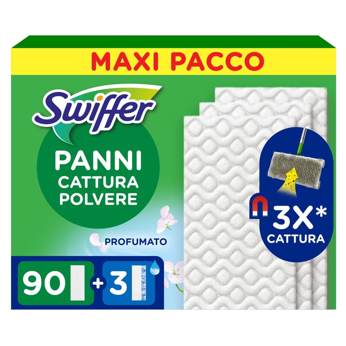 Swiffer Panni Cattura Polvere, 90 Microfibra Dry e 3 Lavapavimenti, e Sporco, Ottimo per Tutti i Tipi di Pavimenti e per i Peli di Animali, Maxi Formato