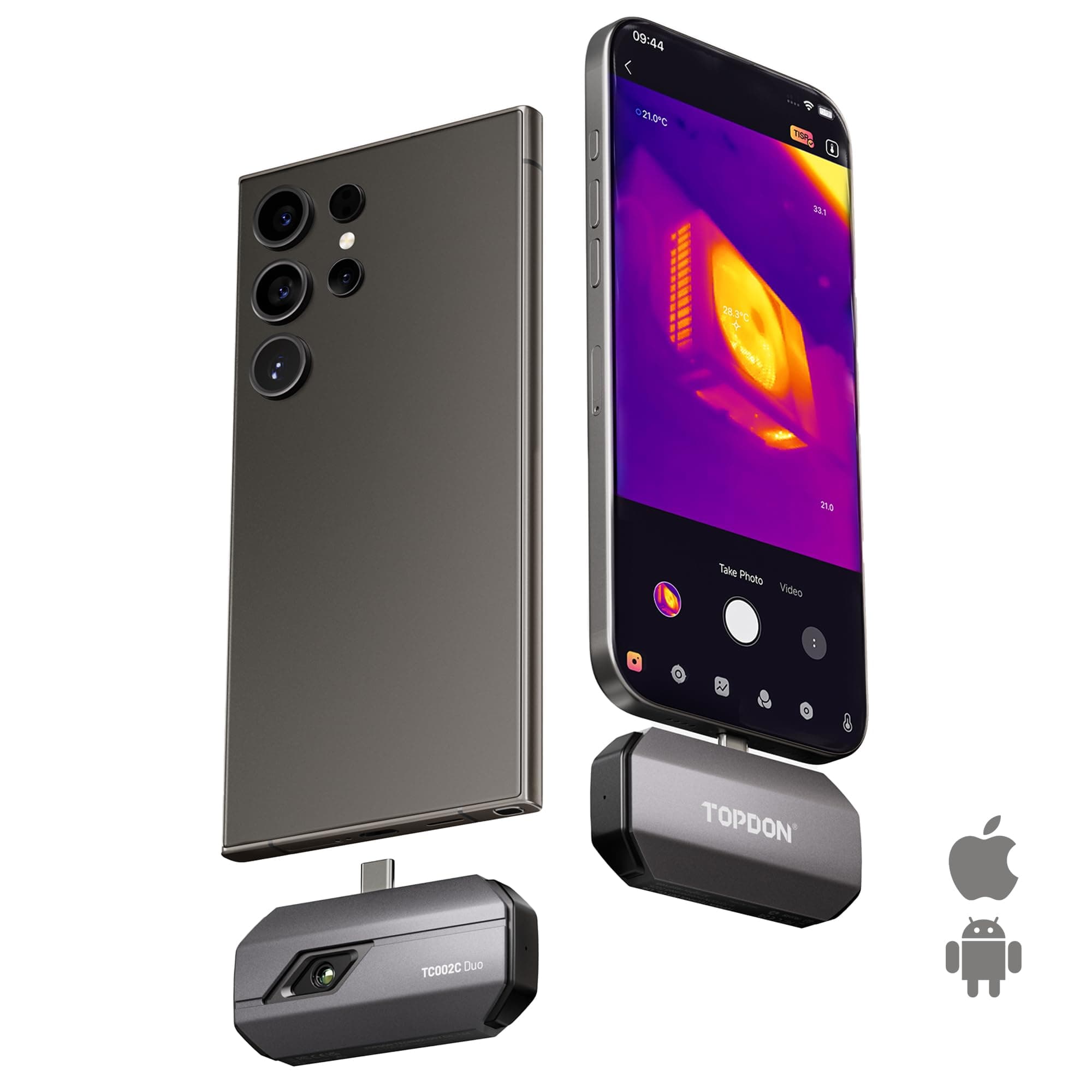 TOPDON Wärmebildkamera TC002C Duo für Android/iOS, 512 x 384 TISR hohe Auflösung, -20–550 °C, 25 Hz, für Smartphone/Tablet/PC, USB-C/Lightning, Infrarot kamera für Elektrik-, Leck- und HLK-Inspektion