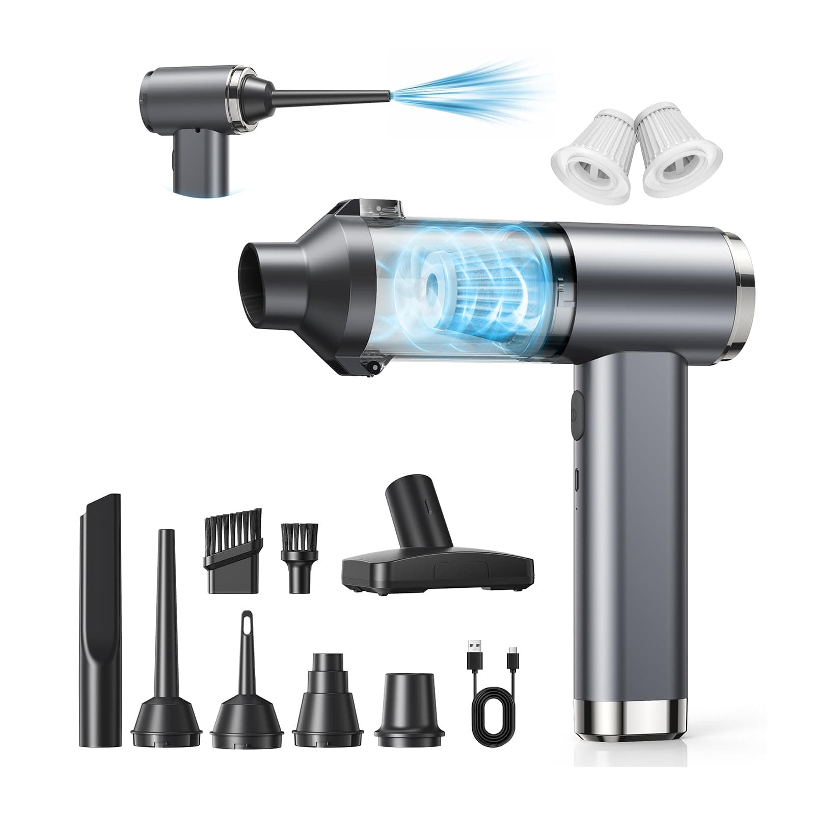 GARAID Aspirateur Voiture Puissant 4-en-1, 25000Pa Aspirateur à Main Sans Fil avec Moteur Brushless, 2 Vitesses, 6000mAh, 150000 RPM Souffleur Air Comprimé Pour Bureau, Voiture, Maison, Cuisine, Poils