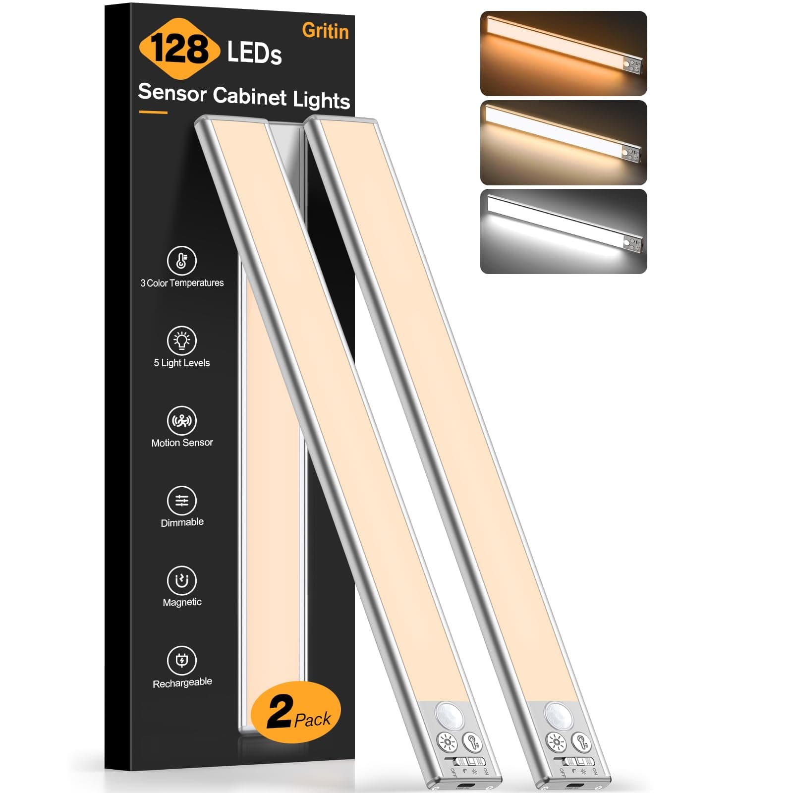 Gritin 37.5CM Luz de Armario Recargable con Sensor de Movimiento, 2 Pack LED Luces Cocina - 3 Modos de Color, 5 Niveles de Brillo, Atenuación Continua, Ideal para Gabinete, Cocina, Escalera, Pasillo