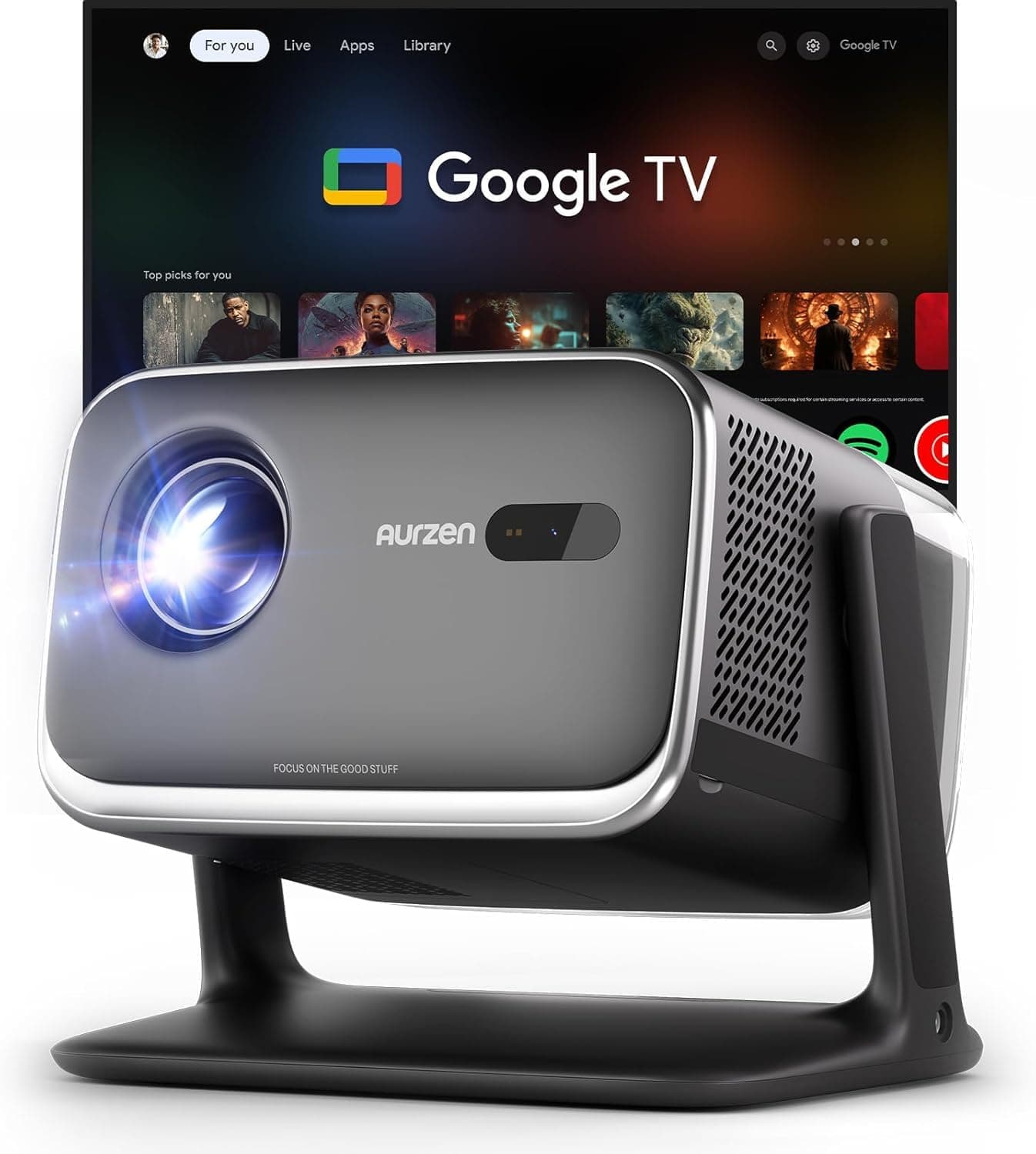 Aurzen BOOM mini Proyector 4k, 4 en 1 con Google TV, enfoque y corrección trapezoidal en tiempo real, altavoces de 20W DoIby Audio, proyector de películas para exteriores ANSI 500 con WiFi y Bluetooth