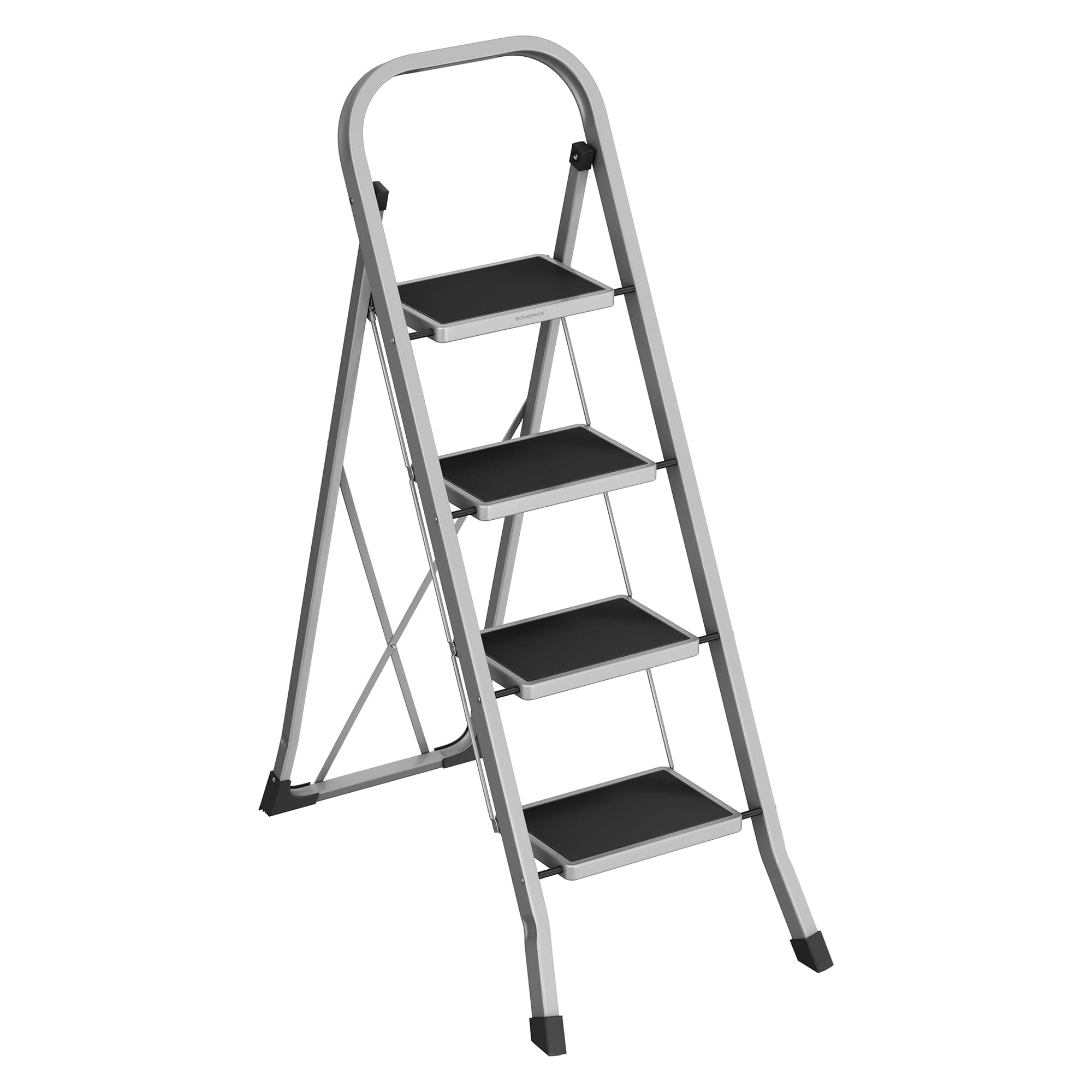 SONGMICS Escalera de Tijera, Escalera con 4 Peldaños, Peldaño Plegable, Bloqueo de Seguridad, Fácil de Guardar, Carga hasta 150 kg, Gris Paloma GSL004G01
