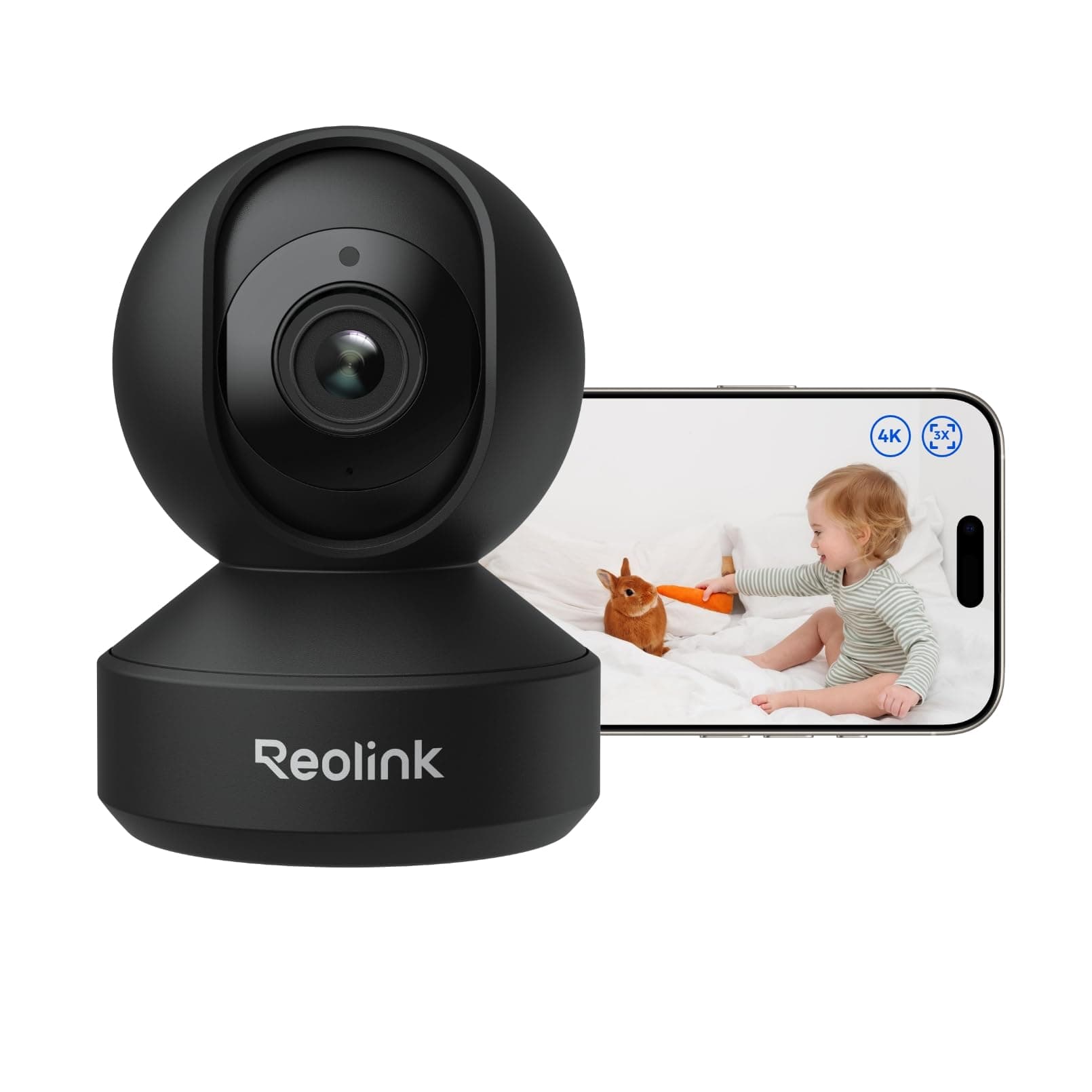 Reolink Cámara de Seguridad Interior, Monitor de Bebé 4K con Giro e Inclinación, Zoom Óptico 3X, Detección de Llanto y Movimiento, Seguimiento Automático, Wi-Fi 6, Modo Privado, E1 Zoom Negro