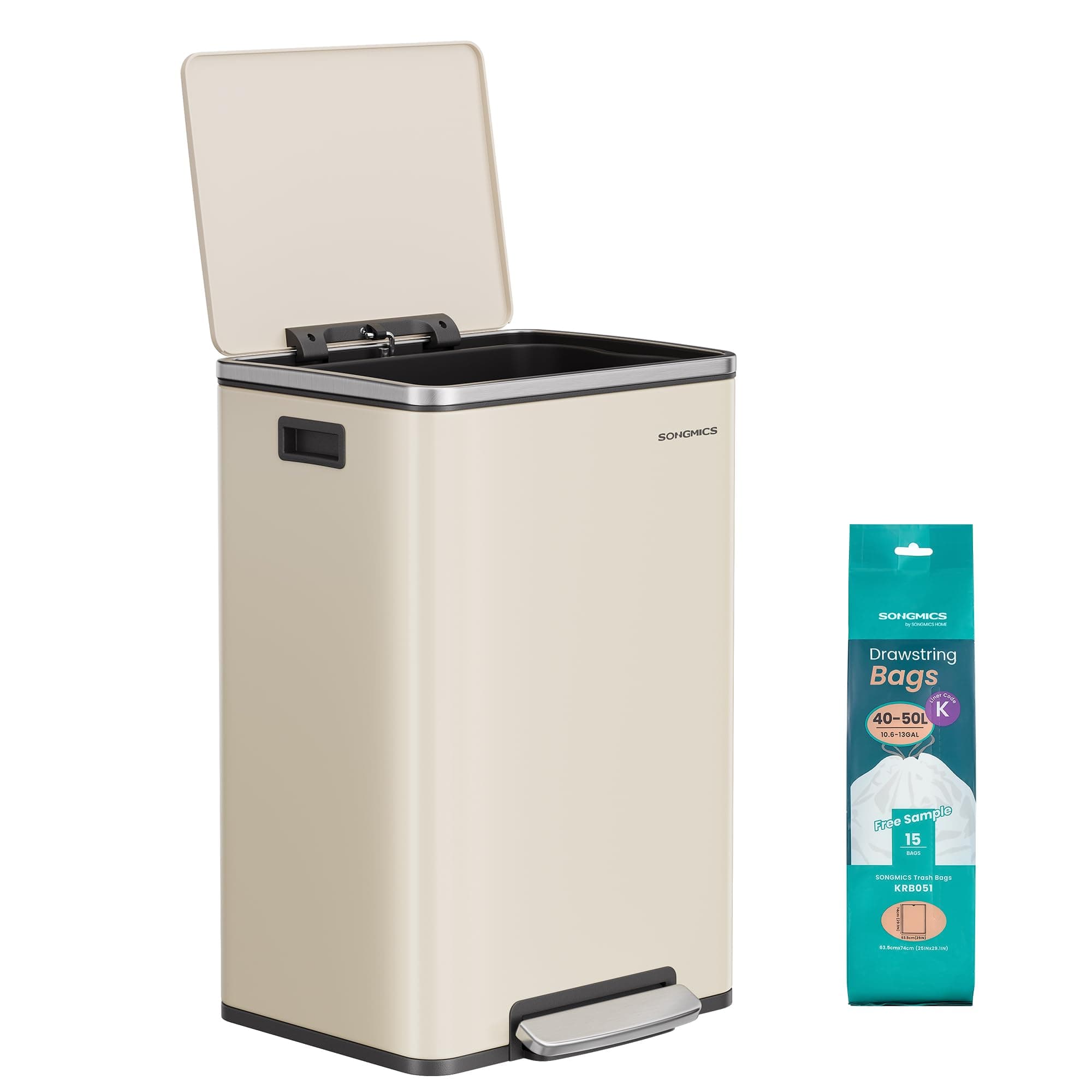 SONGMICS Mülleimer 50 L, 15 Müllsäcke, Stahl, herausnehmbarer Inneneimer aus Kunststoff, mit Deckel, Griffe, Softclose, cremefarben LTB595A02