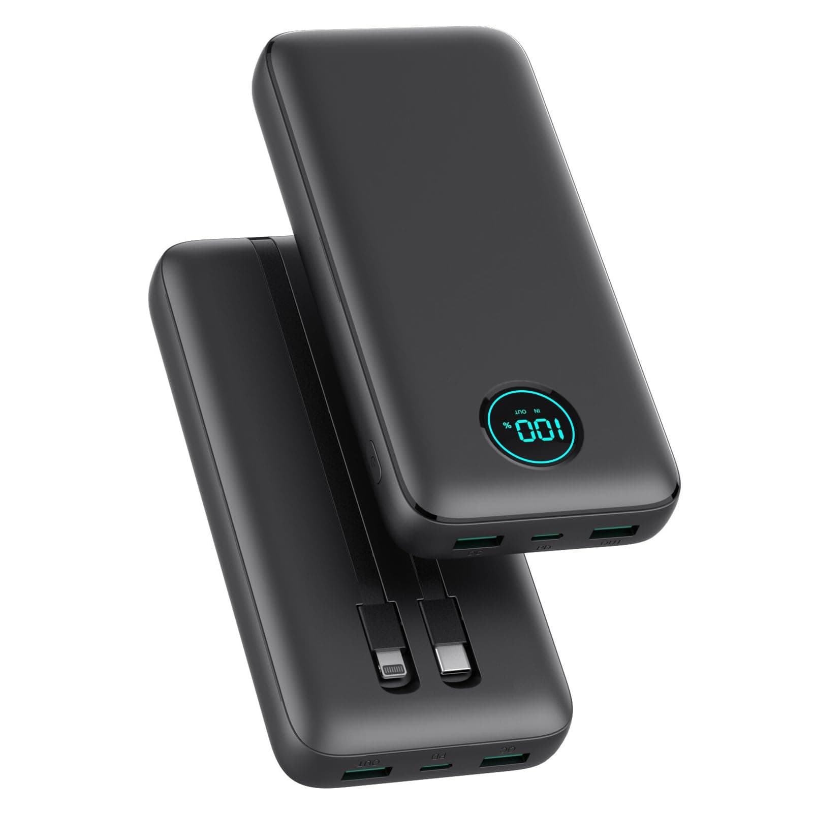 Batterie Externe 26800mAh avec Câbles, PD 25W QC4.0 Charge Rapide Power Bank USB C Chargeur Portable avec 5 Sorties, Affichage LCD Batterie Portable pour iPhone 16/15/14, Samsung Huawei (Noir)