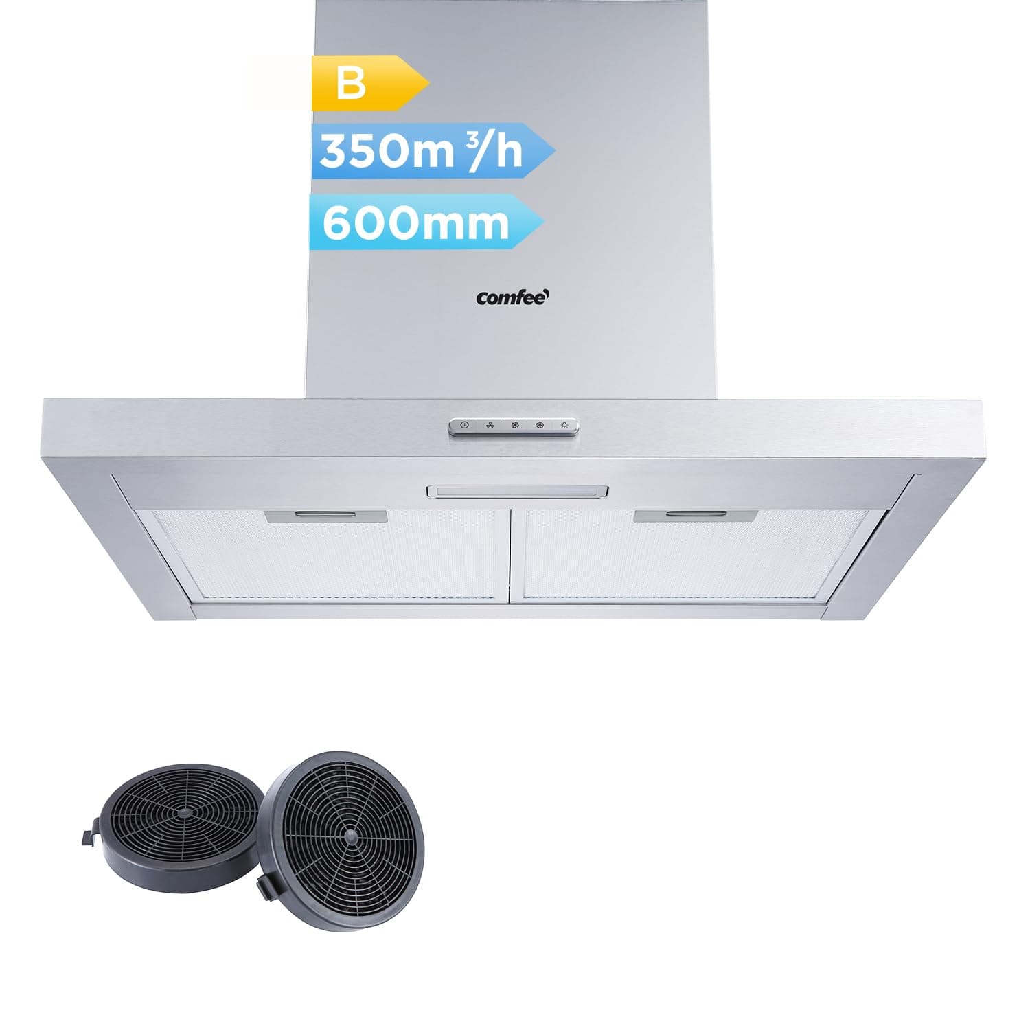 COMFEE' Cappa Aspirante 60 TSHM17SS-60 Acciaio Inossidabile Cappa Cucina Con LED, Sistema Di Ricircolo E Canalizzazione E Filtri A Carbone