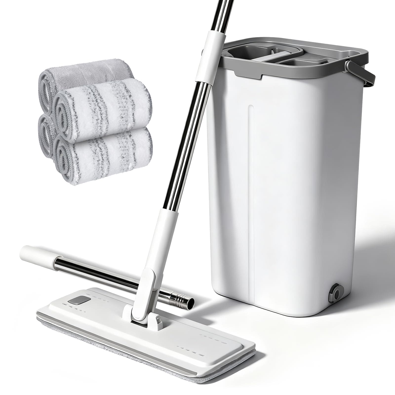 Serpillière Seau Essoreur, Masthome Serpillère Microfibre Plat avec Manche INOX, Balai Plat Rotative 360° avec 4 Serpillères Réutilisables, Balai Serpillière pour Nettoyage Tous Types de Sols