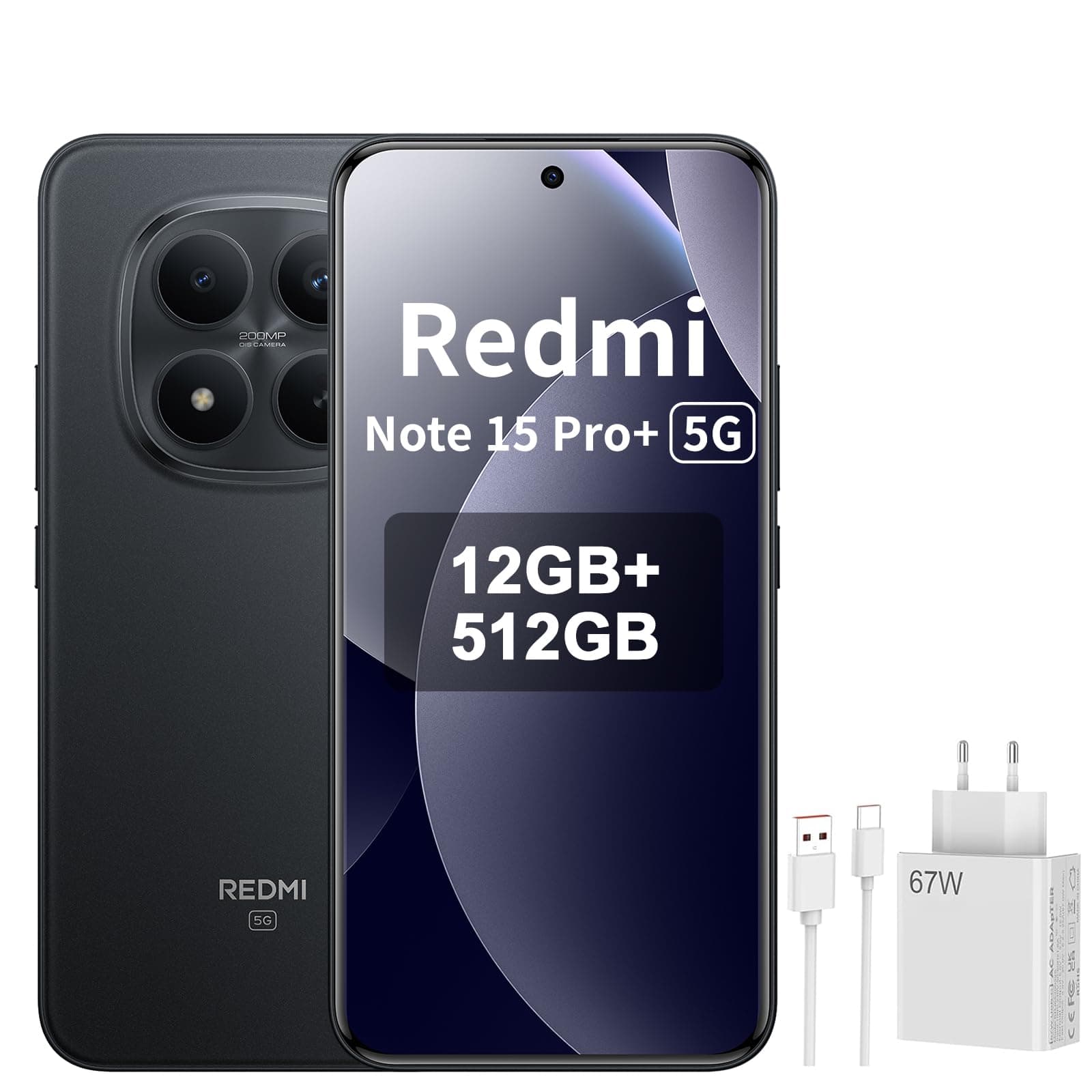 XIAOMI REDMI Note 15 Pro+ 5G Smartphone - 12+512 GB, 6.83" AMOLED Display, 1.5 K AMOLED Screen, Snapdragon 7s Gen 4, 200 MP Camera, Nero, Included 67 W Charger