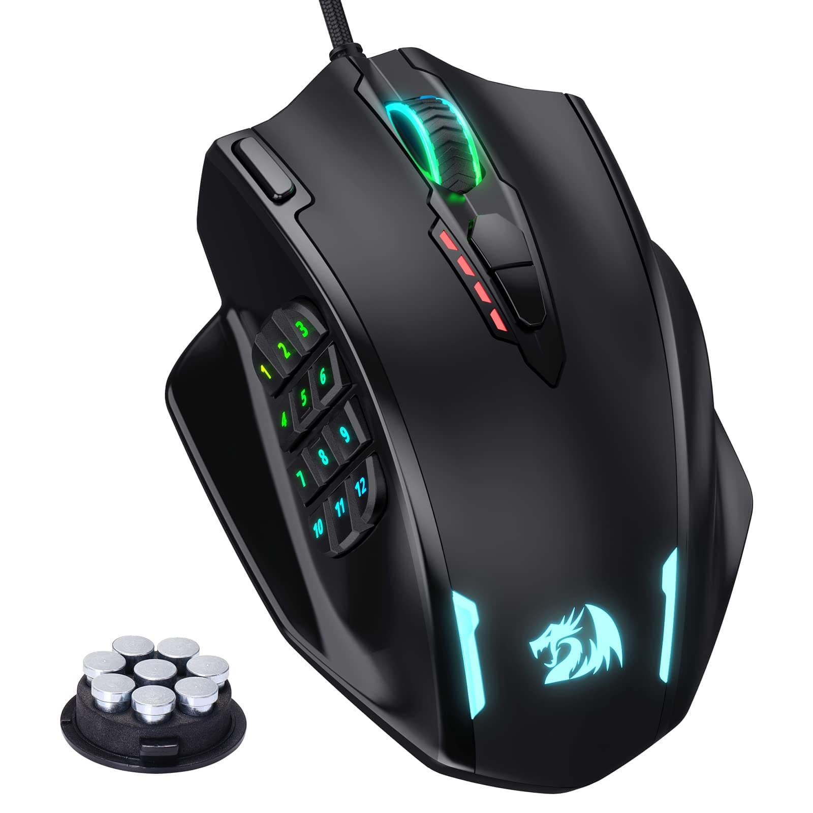 Redragon M908 Impact RGB LED MMO Mouse con pulsanti laterali Mouse ottico da gioco cablato con 12.400 DPI, alta precisione, 20 pulsanti programmabili