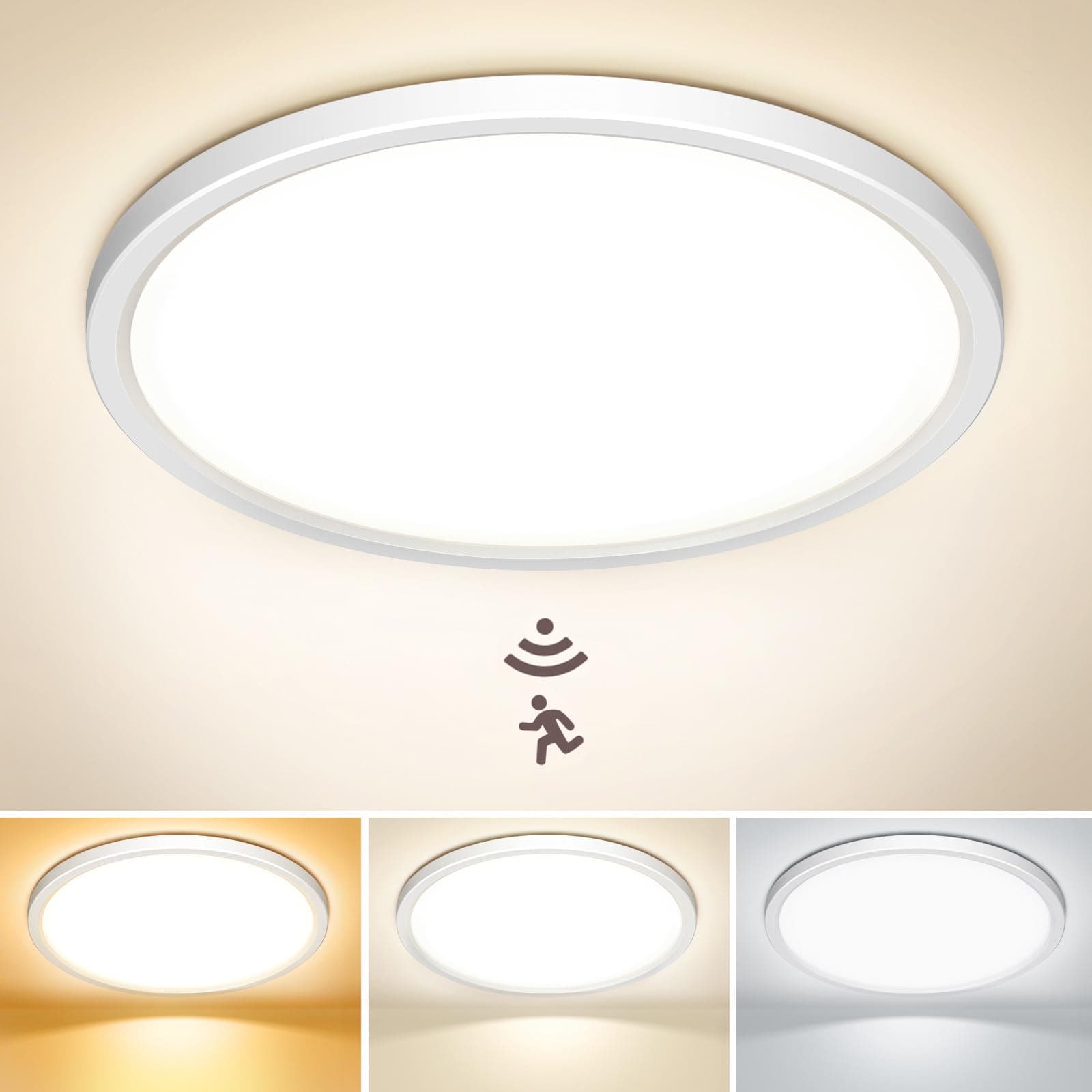 NIBSHOOM Plafonnier LED avec Détecteur de Mouvement, 3000K/4000K/6500K 24W Étanche IP44 Lampe de Plafond Rond, équipé d’un Détecteur de Radar, adapté pour Couloir, Escalier et Garage, 30 cm