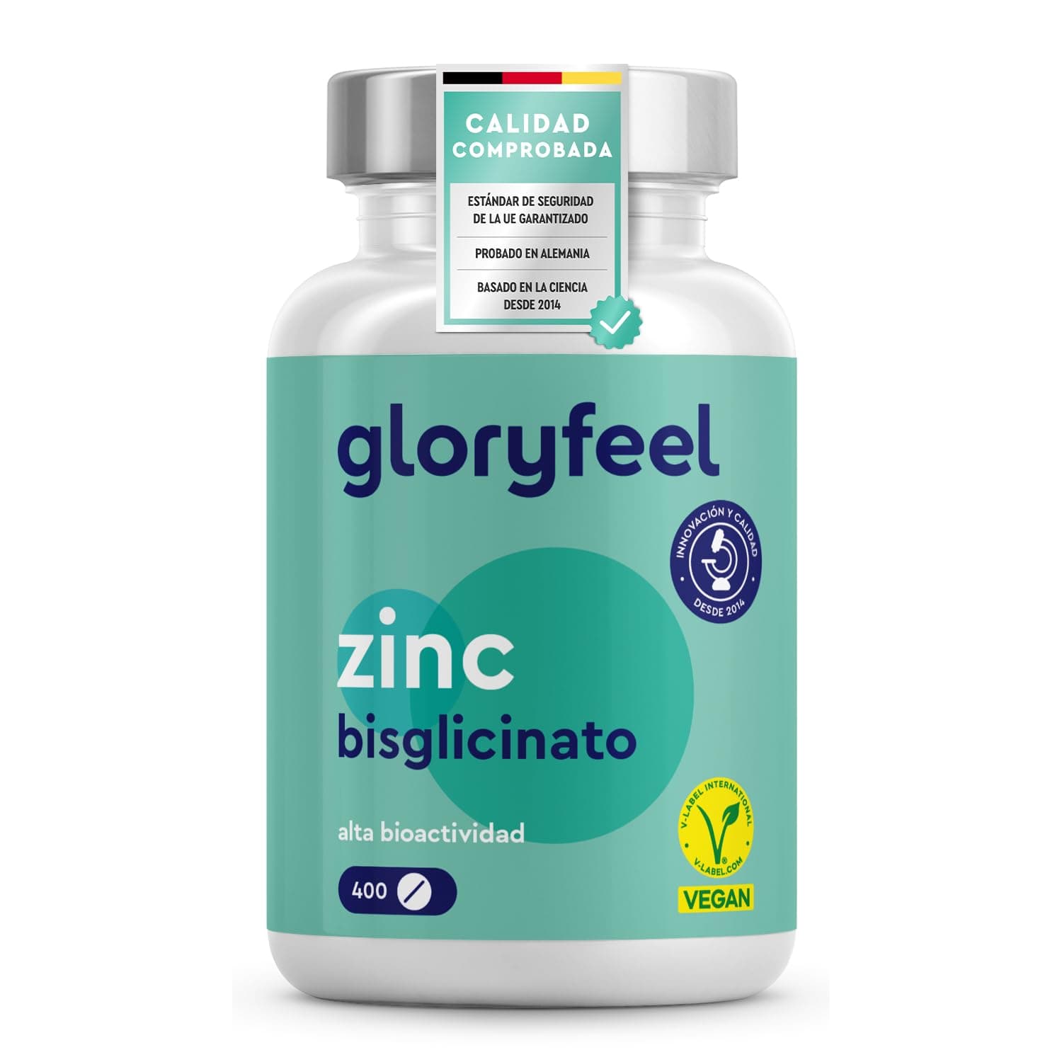 Zinc 25mg - 400 Tabletas (+1 año) - Bisglicinato de Zinc puro (Quelato de Zinc) - Zinc elemental de alta biodisponibilidad - Probado en laboratorio en Alemania