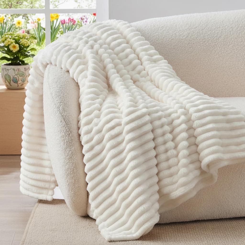 BEDELITE Plaid Polaire Blanc Crème pour Lit 1 Personne - Couverture Hiver 150x200 cm Doux et Chaud, Cadeau Coconning Idéal pour Femme et Homme