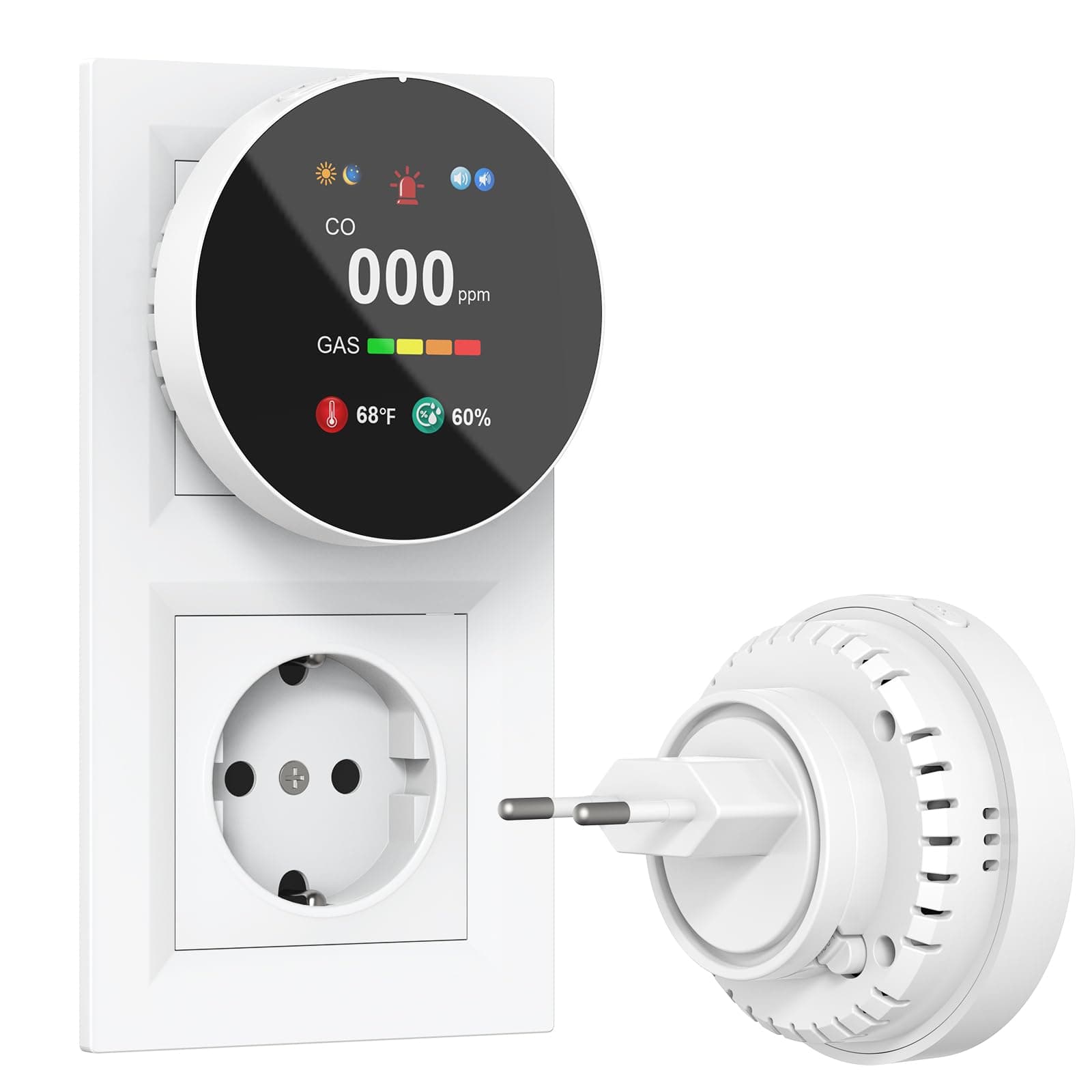 CHZHVAN Rilevatore Gas e Monossido di Carbonio 4-in-1 Plug-in, Allarme di CO con Regolazione Luminosità Schermo, Rivelatore di Naturale Gas, Bianco