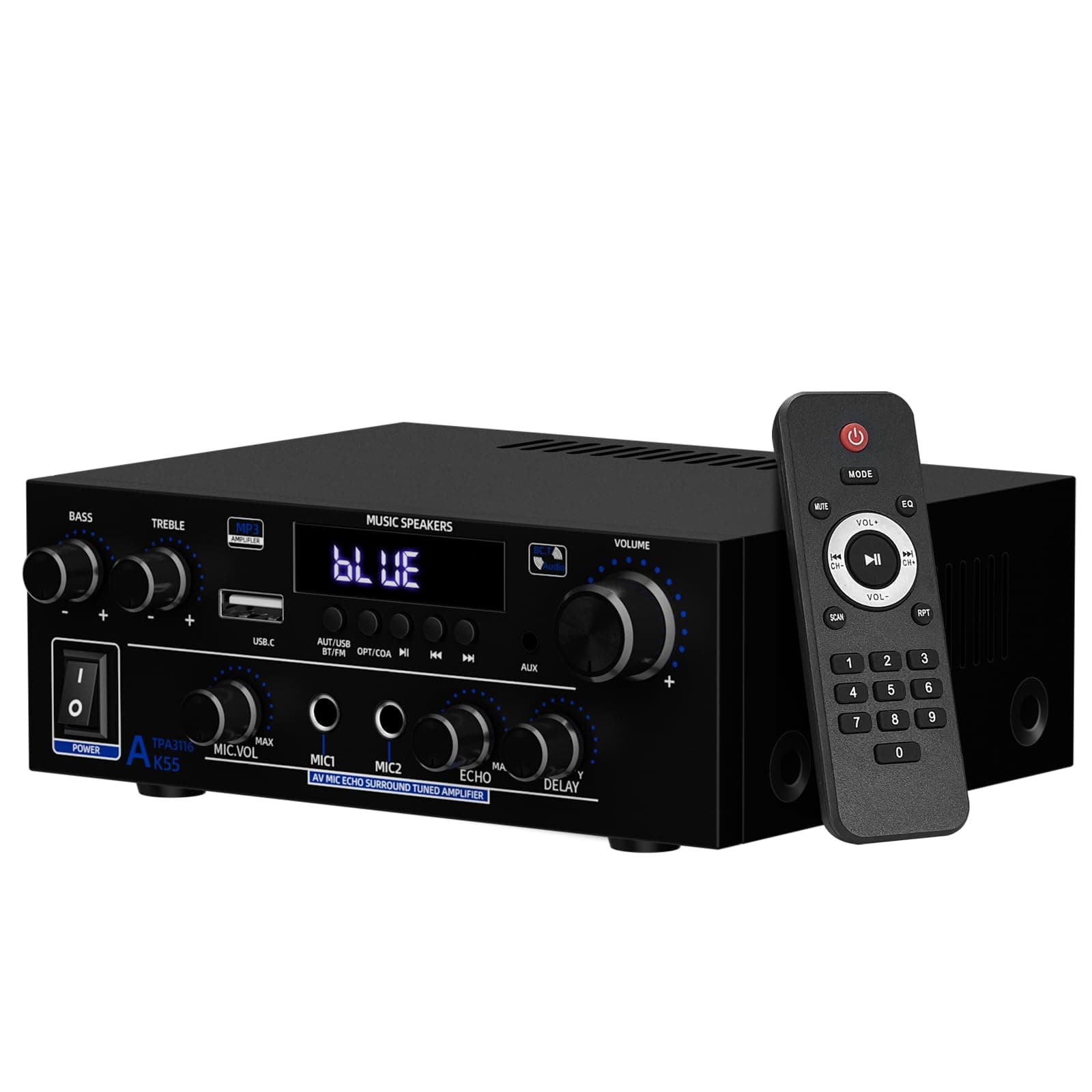 2 Canales Amplificador, 1000W Audio Estéreo, Bluetooth 5.3 Mini Hi-Fi Amp, para Dos 50W x2 Altavoces de Unas 8 Pulgadas, Bass/Treble/AUX/FM/MIC/USB, para TV, para el hogar o tu Coche (AK55)
