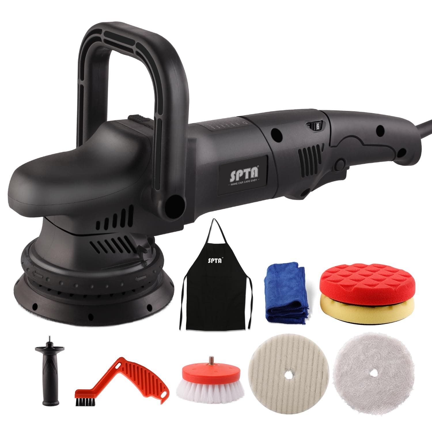 Lucidatrice Auto, SPTA Rotorbitale Lucidatrice Eccentrica, 125mm et 150mm Lucidatura Spugne, 6 velocità Variabile, 1000-3800 OPM, 2 Impugnatura, Sacchetto di Imballaggio, Vari Accessori- DAPSET-EU