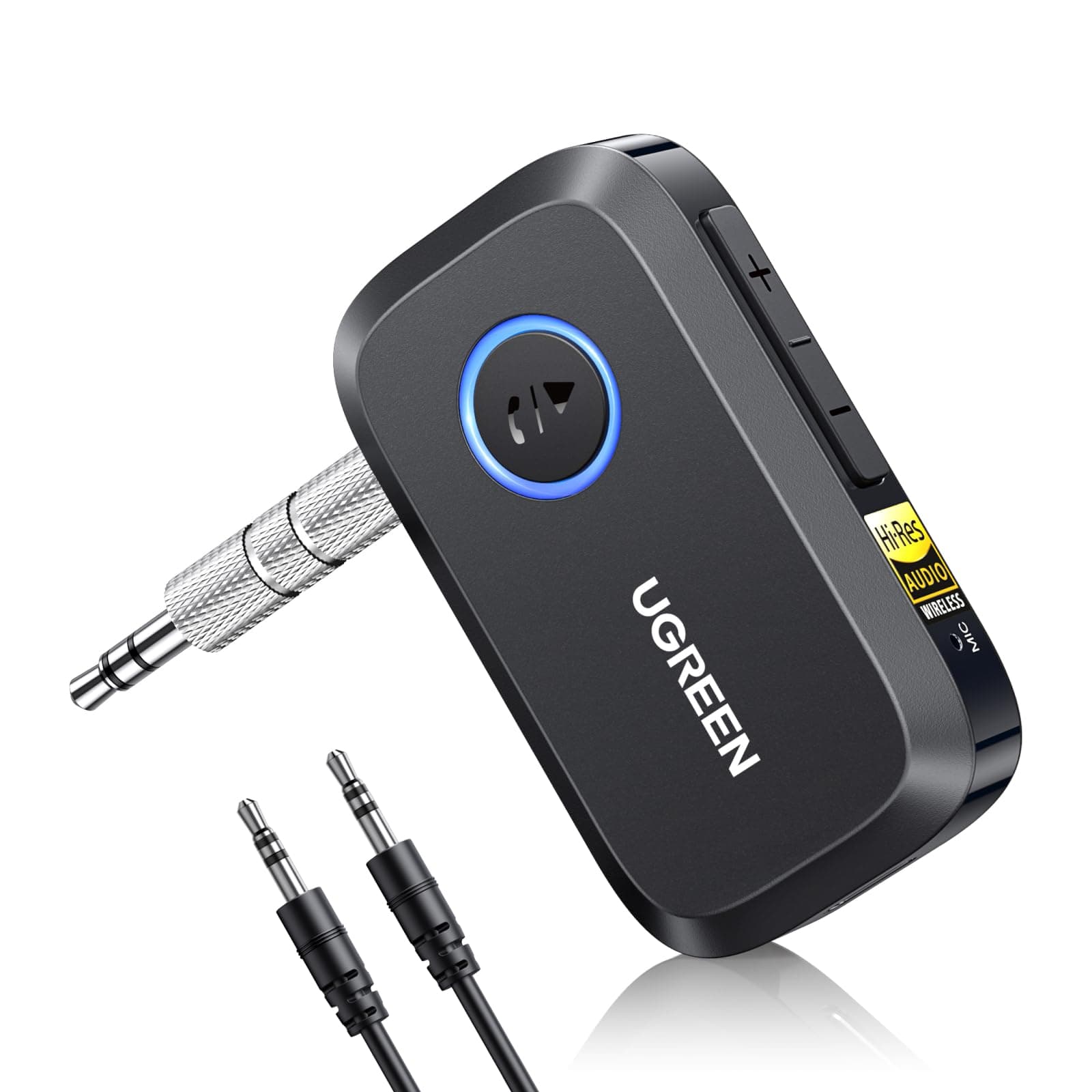 UGREEN Aux Bluetooth 6.0 Adapter Auto mit LDAC Dekodierung, Hi-Res Audio Gold Standard Zertifizierung, 17Std. Akkulaufzeit, Klinke Bluetooth Empfänger für Autoradio/Stereoanlage/Headset