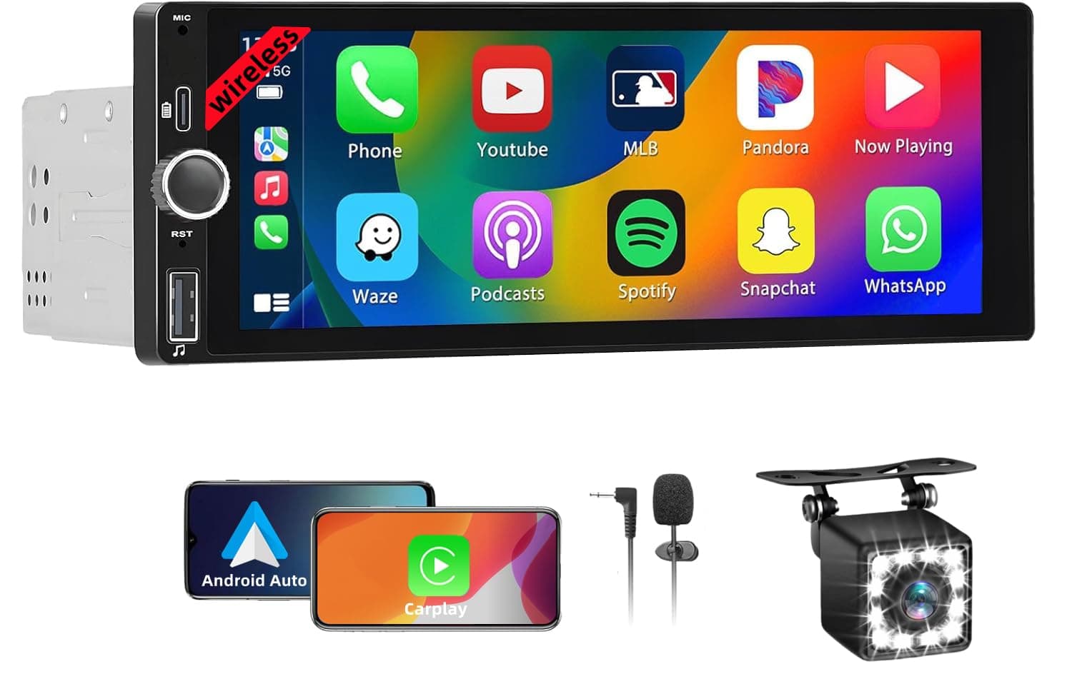 Radio Coche 1 DIN con Carplay Inalámbrico - Pantalla Táctil de 6.86 Pulgadas, Radio CarPlay 1 DIN Soporte Mirror Link para con Cámara de Respaldo, RDS FM Radio/Type-C de Recharge/Mic/SWC