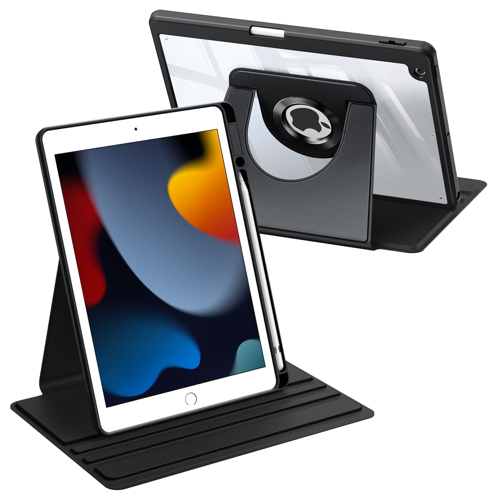 Fintie Rotierende Hülle für iPad 10.2 Zoll 9/8/7 Generation (2021/2020/2019 Modell) mit Stifthalter – 360 Grad Drehbare Schutzhülle Case mit Transparente Acryl-Rückseite, Stoßfester Rahmen, Schwarz