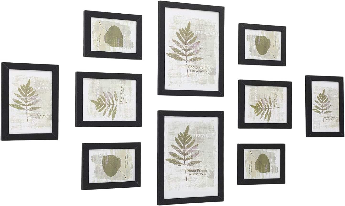 SONGMICS Bilderrahmen 10er Set, für 2 Fotos in 20 x 25 cm, 4 Fotos in 13 x 18 cm, 4 Fotos in 10 x 15 cm, Kunststoffscheibe, MDF, tintenschwarz RPF310H