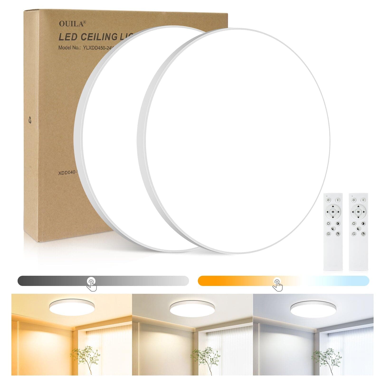 OUILA 2PCS Plafon LED Techo Regulable,24W 2000LM Lampara Techo con Mando a Distancia,3000K-6500K IP44 Lampara LED Techo Plafones para Techo Led para Dormitorio Cocina Salon Baño Comedor Pasillo Ø28cm