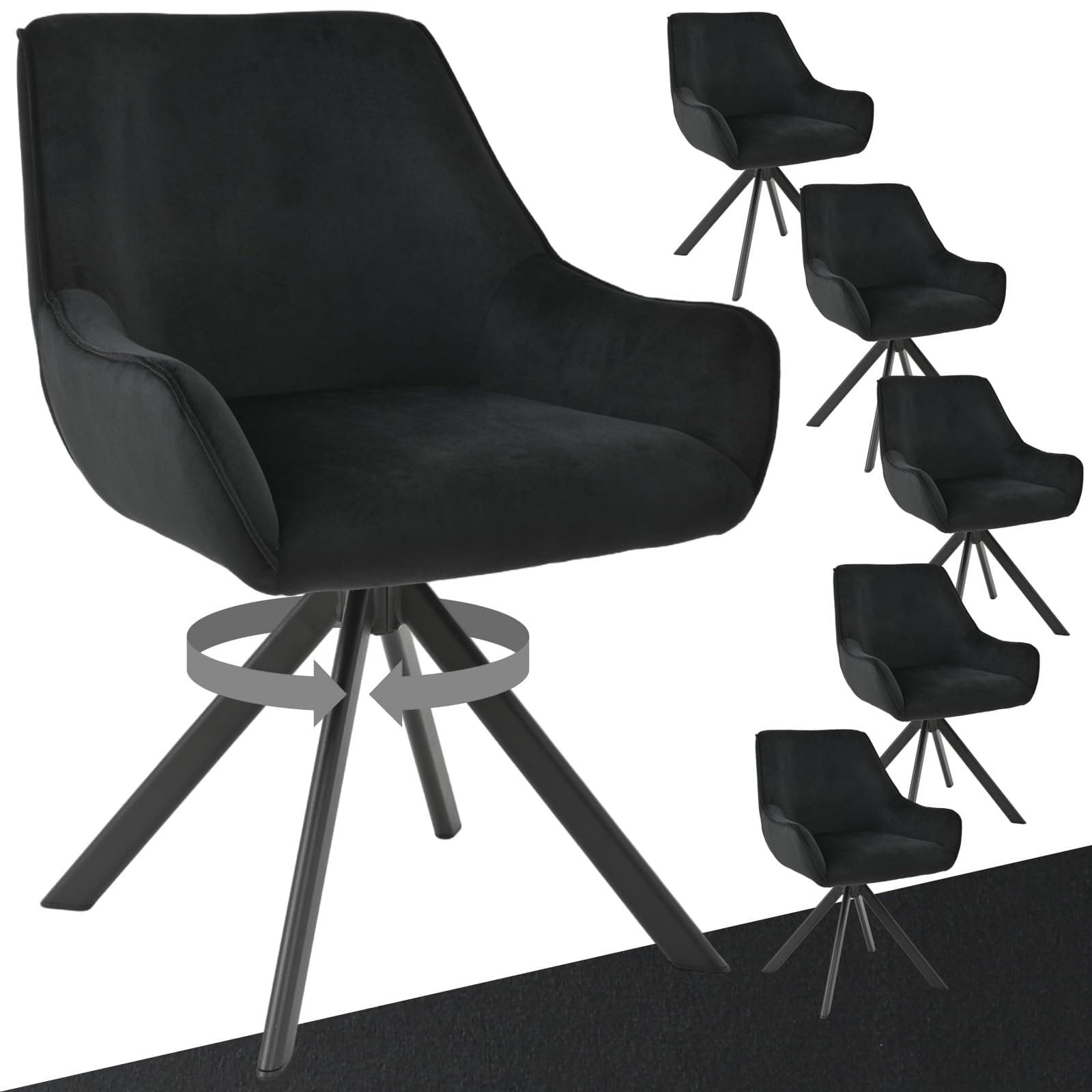 Goeurvant Chaises Pivotantes Lot de 6 – Chaises Velours avec Accoudoirs, 360° Pivotantes, Pieds Métal, Dossier Confort, pour Salle à Manger, Salon, Noir