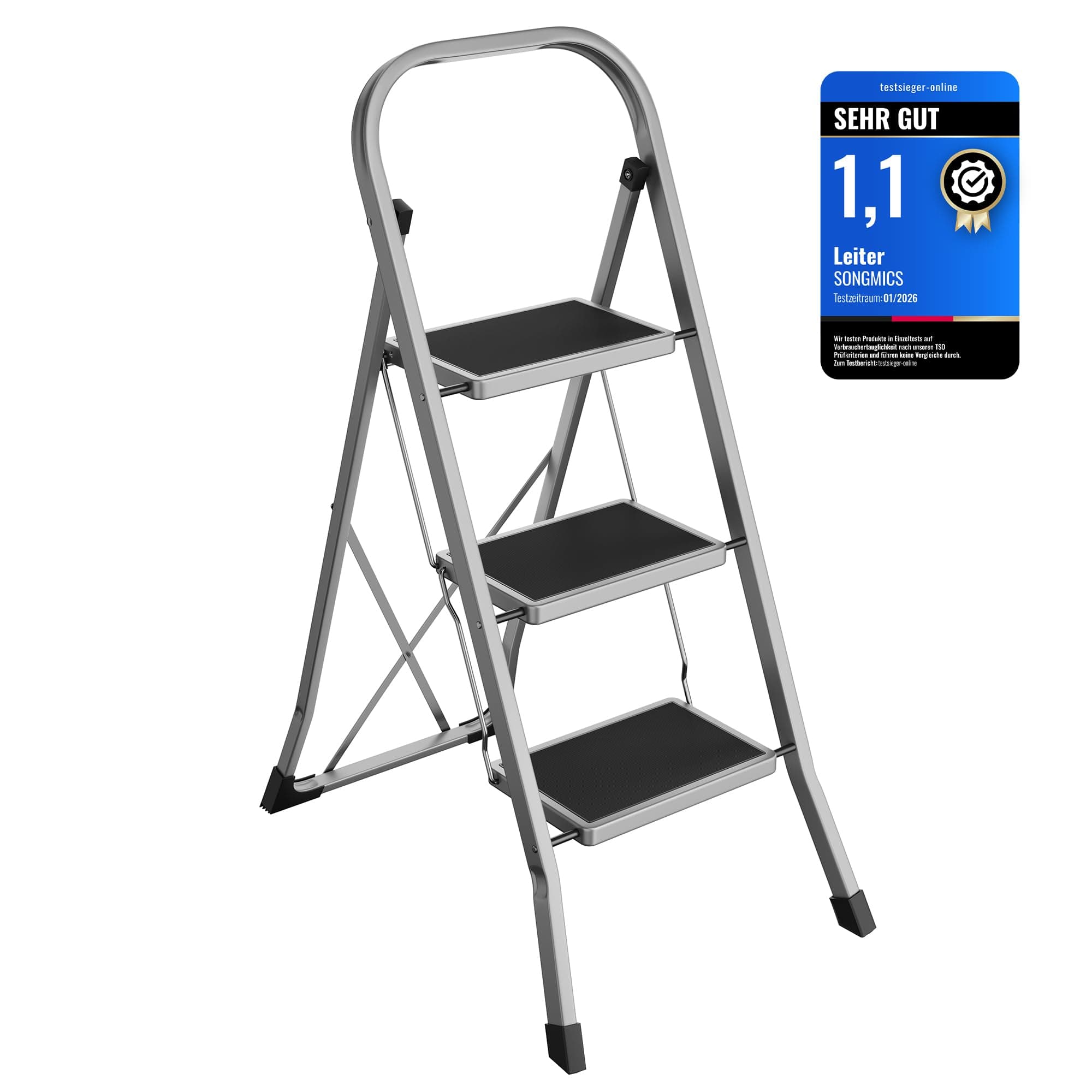 SONGMICS Trittleiter, Leiter mit 3 Stufen, Klapptritt, Klappsicherung, einfach zu verstauen, bis 150 kg belastbar, Taubengrau GSL003GY01