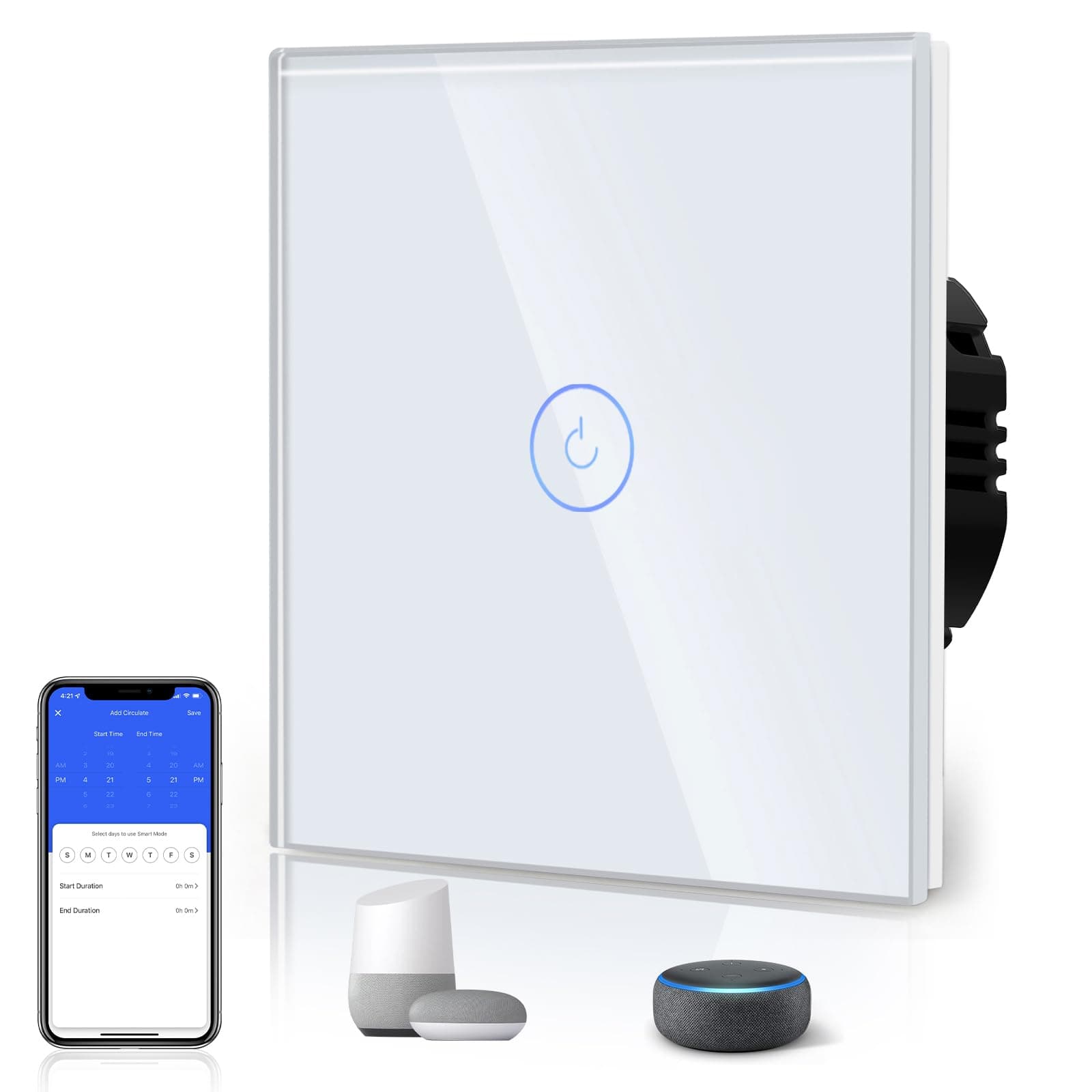 BSEED Interruptor Inteligente WIFI,Interruptores Tactil Con Cristal,Compatible con Alexa,Tuya y Smart Life,Requiere Cable Neutro,1 Gang 1 Vía,86mm Blanco
