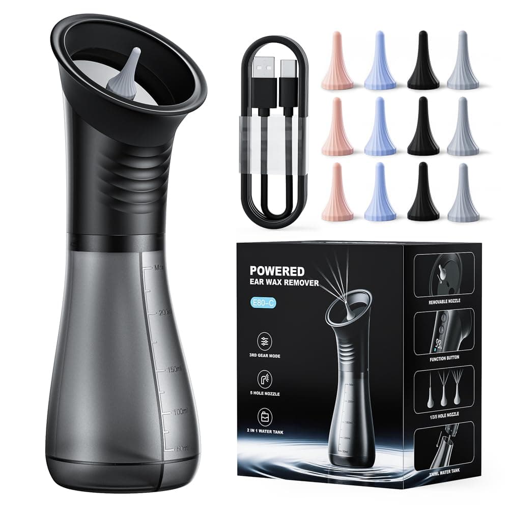 Limpiador de Oidos Cera, Temodu con Pantalla LED,Sistema Recargable para la Eliminación de Limpiador de Oidos Cera, 3 Modos de Presión (12 Boquillas)