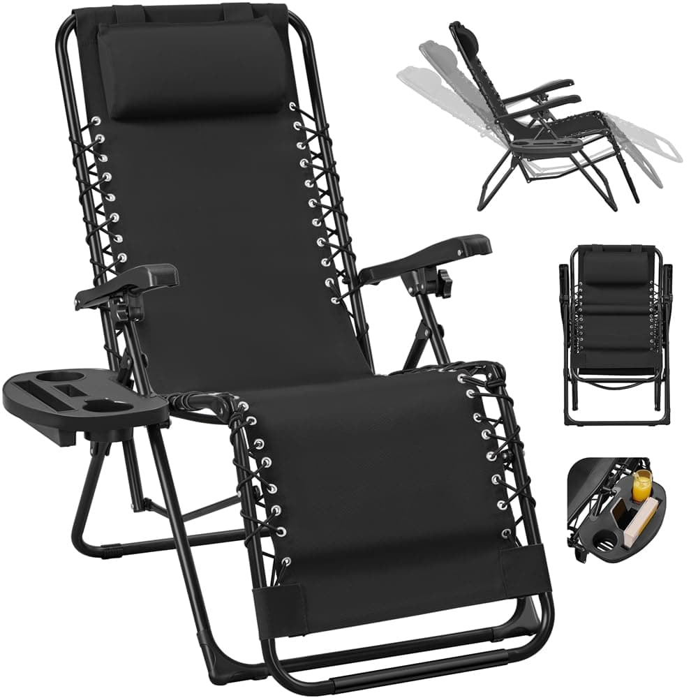 Yaheetech Set di 2 Sedie a Sdraio Pieghevoli a Gravità Zero con Vassoio Rimovibile Poltrona Relax per Piscina Giardino Esterno Spiaggia Nero
