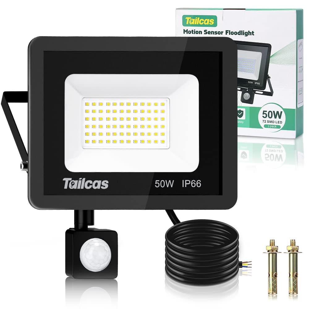Tailcas Faretto Led da Esterno con Sensore di Movimento, IP66 Impermeabile Faro 4500LM, 72 Leds 6500K Bianca Fredda -Luce a Led da Interno ed Esterno per Garage Cortile Giardino (50 Watt)