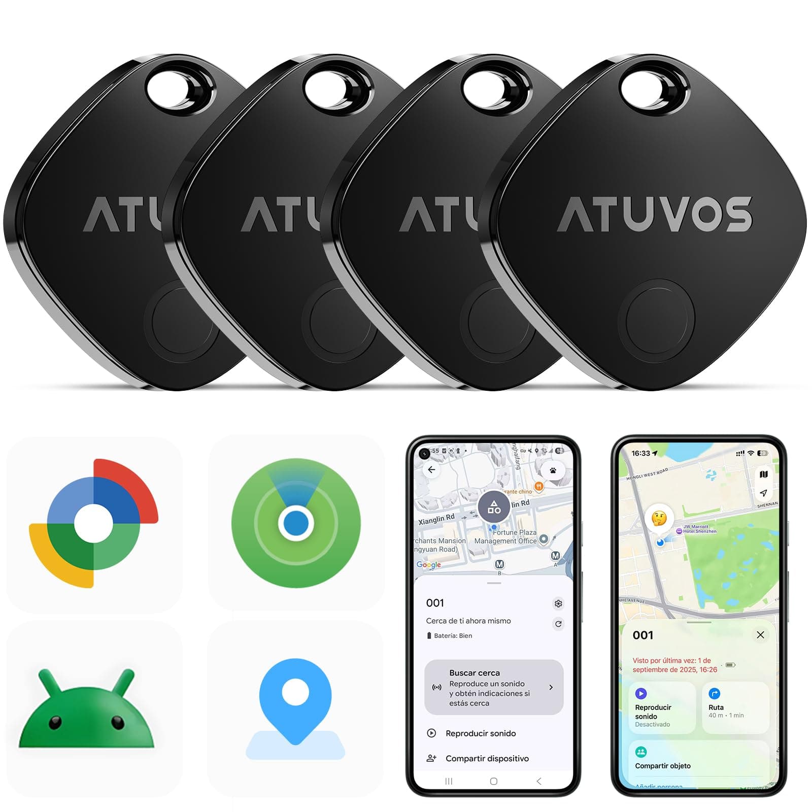 ATUVOS Air Tag Pro Smart Tag Tracker para Android & iOS, Dual Sistema Buscador de Objetos Compatible con Google Localizador o Apple Buscar App, para Llaves/Equipaje/Maleta.Batería Reemplazable.4 Pack