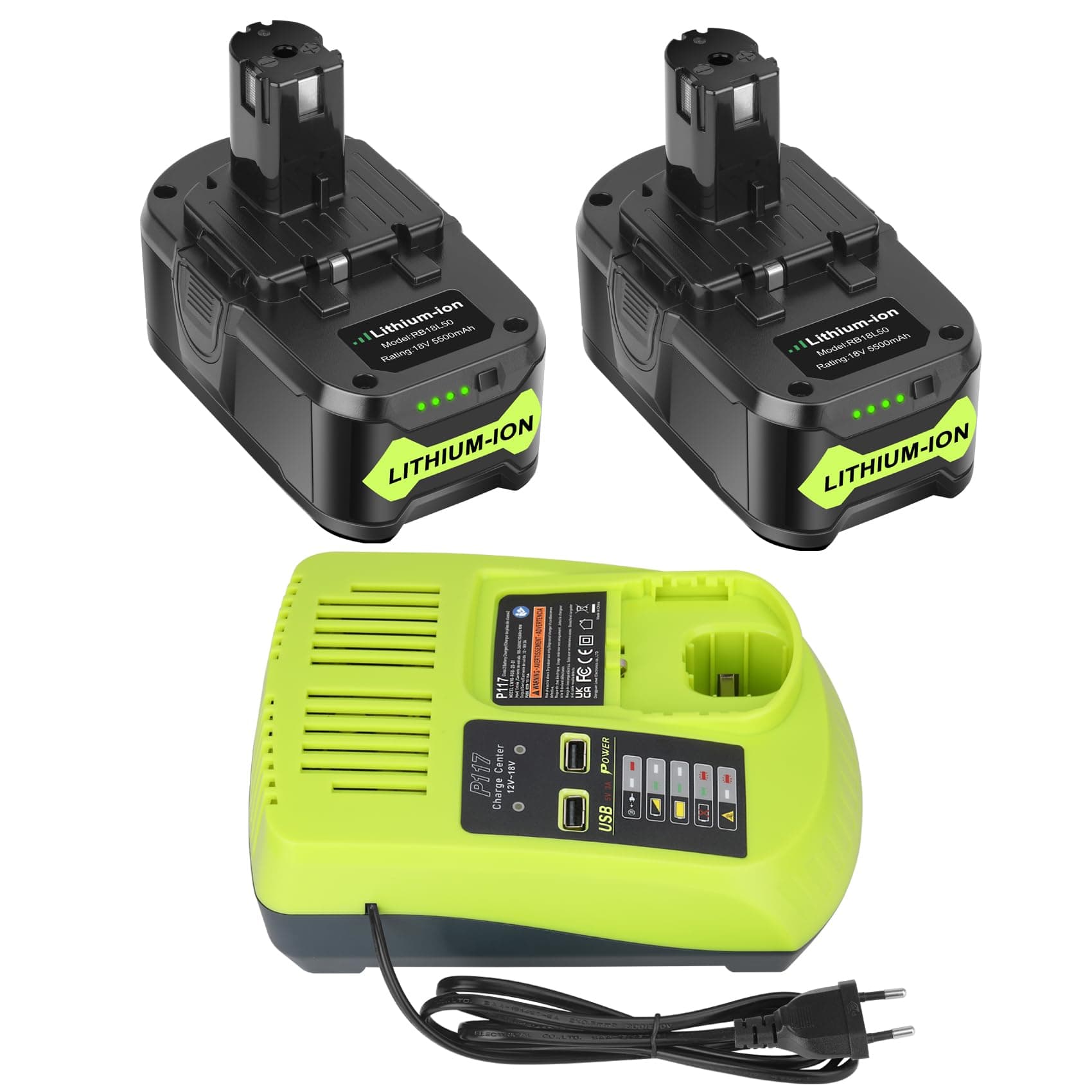 REACELL 2X 18V 5,5Ah P108 Batterie de Remplacement pour Ryobi 18V Batterie + 3A Chargeur 12V-18V pour Ryobi Chargeur P117 pour Ryobi Batterie P108 P107 P105 RB18L40 RB18L50 avec Indicateur LED