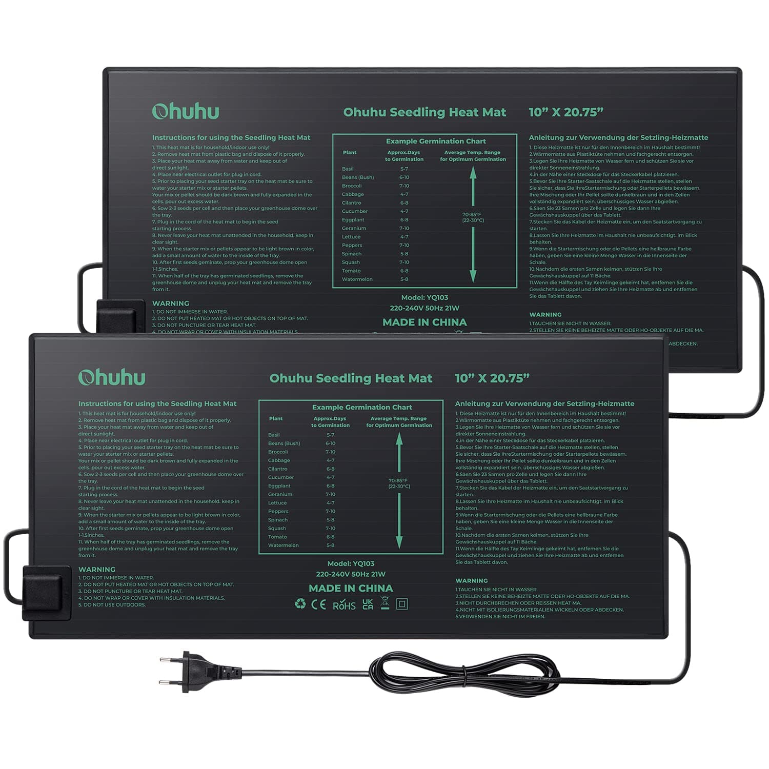 Ohuhu Electronique Tapis Chauffant 2 Pièces, Semis Tapis Chauffant Tapis de Plantation pour Germination Semis Jardinage Electronique Dispositif de Chauffage avec Sac de Rangement 25 x 52 cm