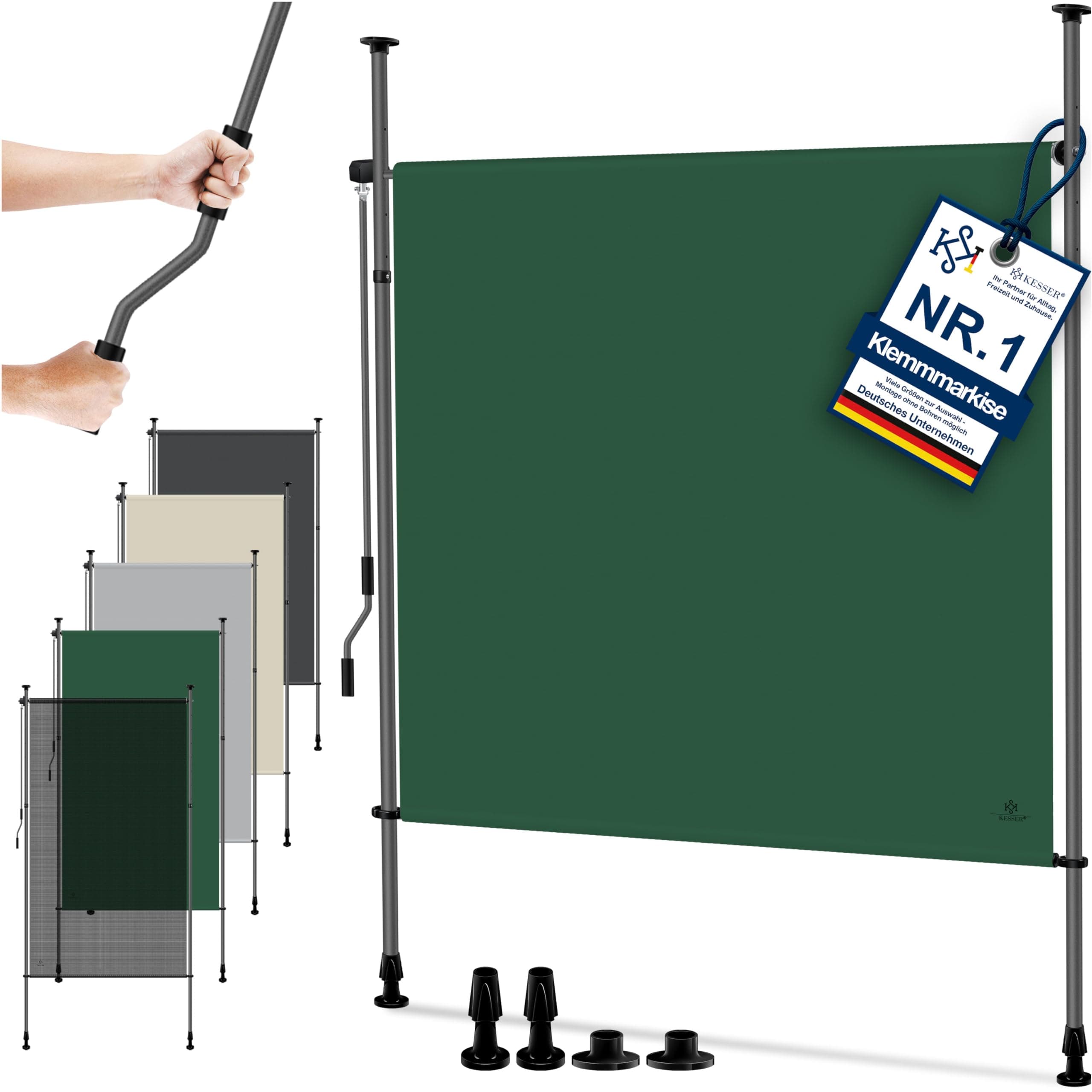 KESSER® Klemmmarkise 200x310 cm, Garten Balkon Sichtschutz wetterfest, Wind- & Sonnenschutz, Senkrechtmarkise mit Handkurbel ohne Bohren, Ausziehbar, wasserdicht & UV-beständig, Dunkelgrün