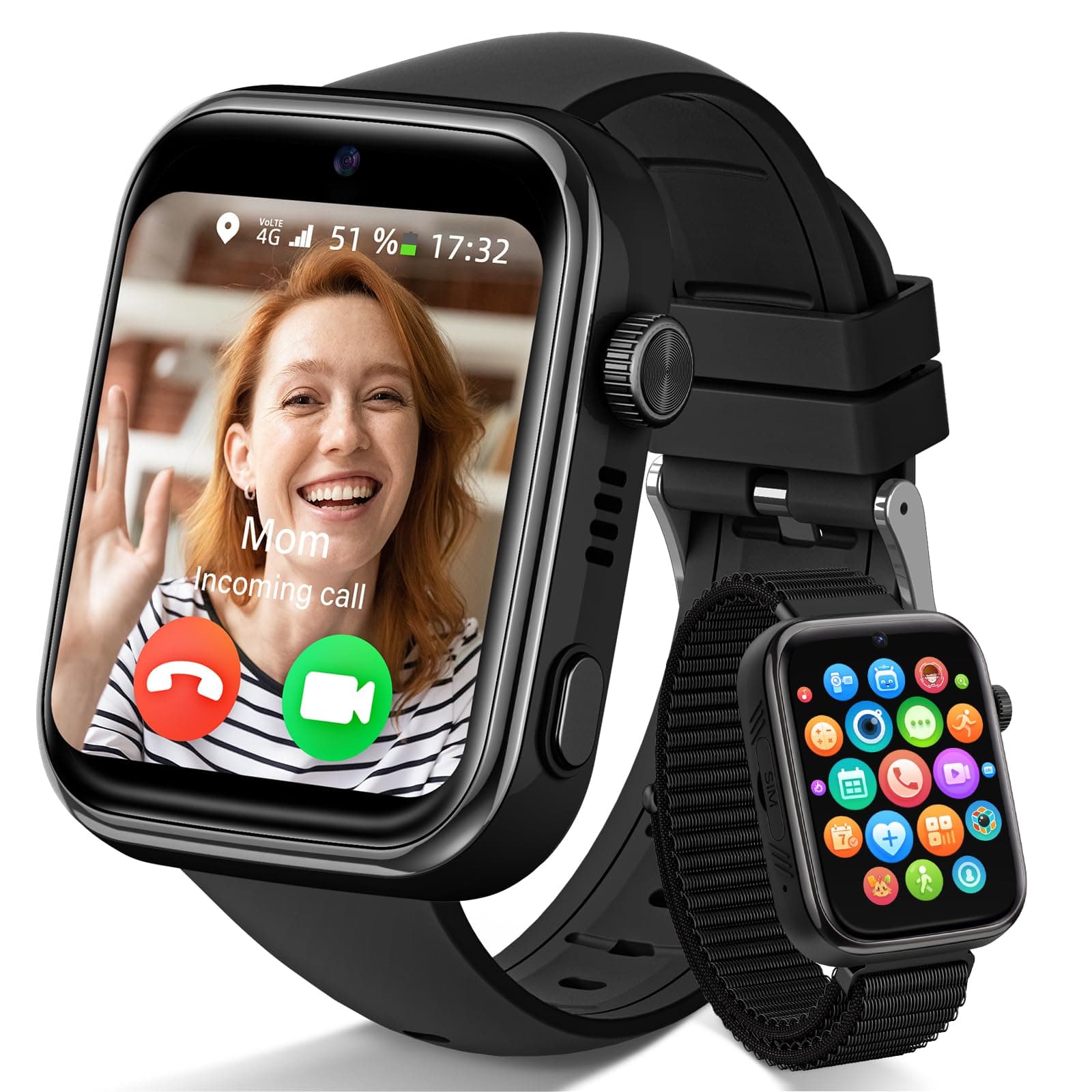 4G Reloj Inteligente Niño, Smartwatch Niños con GPS y Llamadas, Videollamadas, Chat de Voz, SMS, WhatsApp, SIM, SOS, Modo Escuela, WiFi, Localizador, Podómetro IP68 Reloj Niño y Niñas Negro Regalo