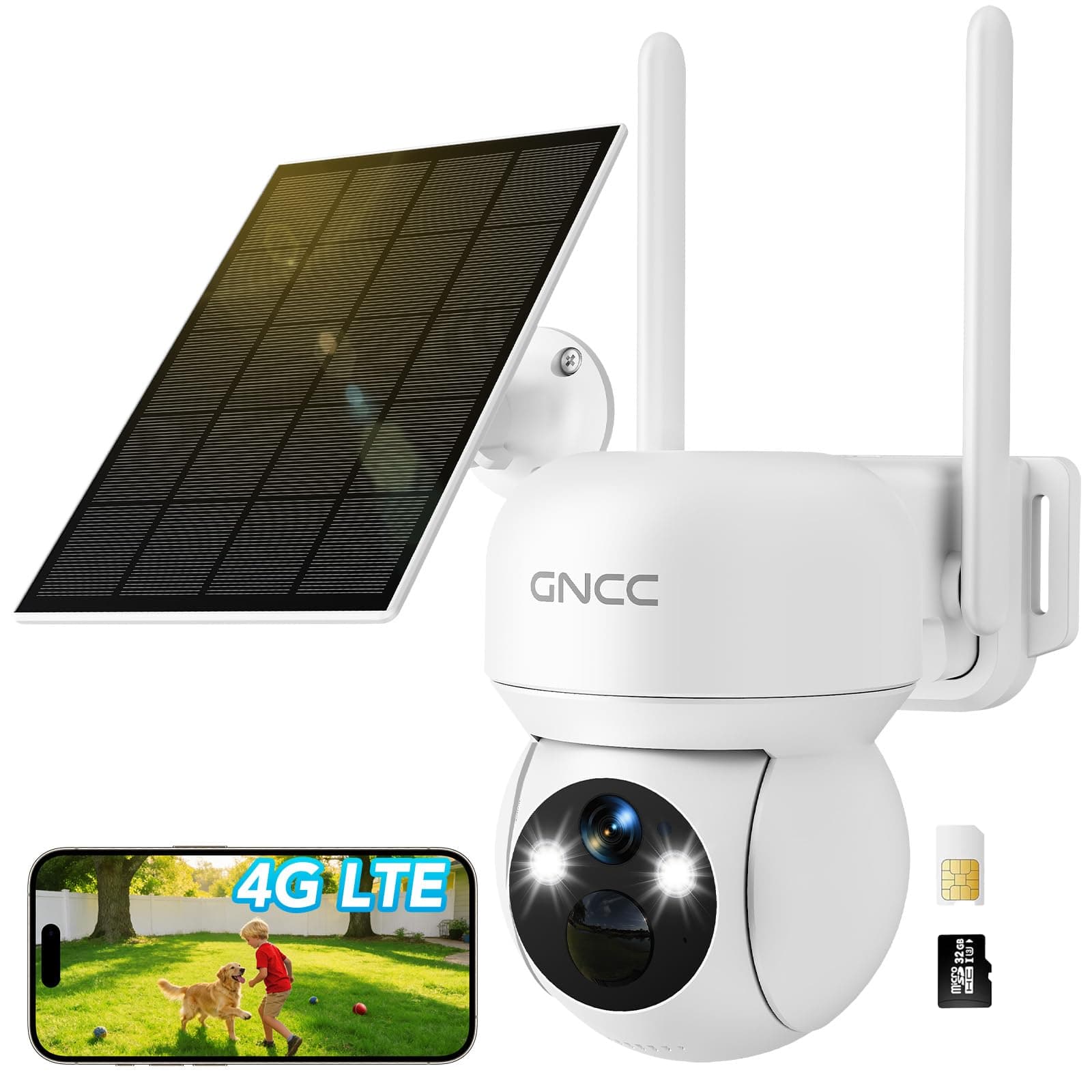 GNCC 4G LTE Cámara Vigilancia Exterior con Sim, 2K 3MP Camara Exterior Solar sin WiFi, 7800mAh, Visión Nocturna en Color, PTZ 355°/90°, Audio Bidireccional, PIR, Detección de Movimiento, Alarma, IP65