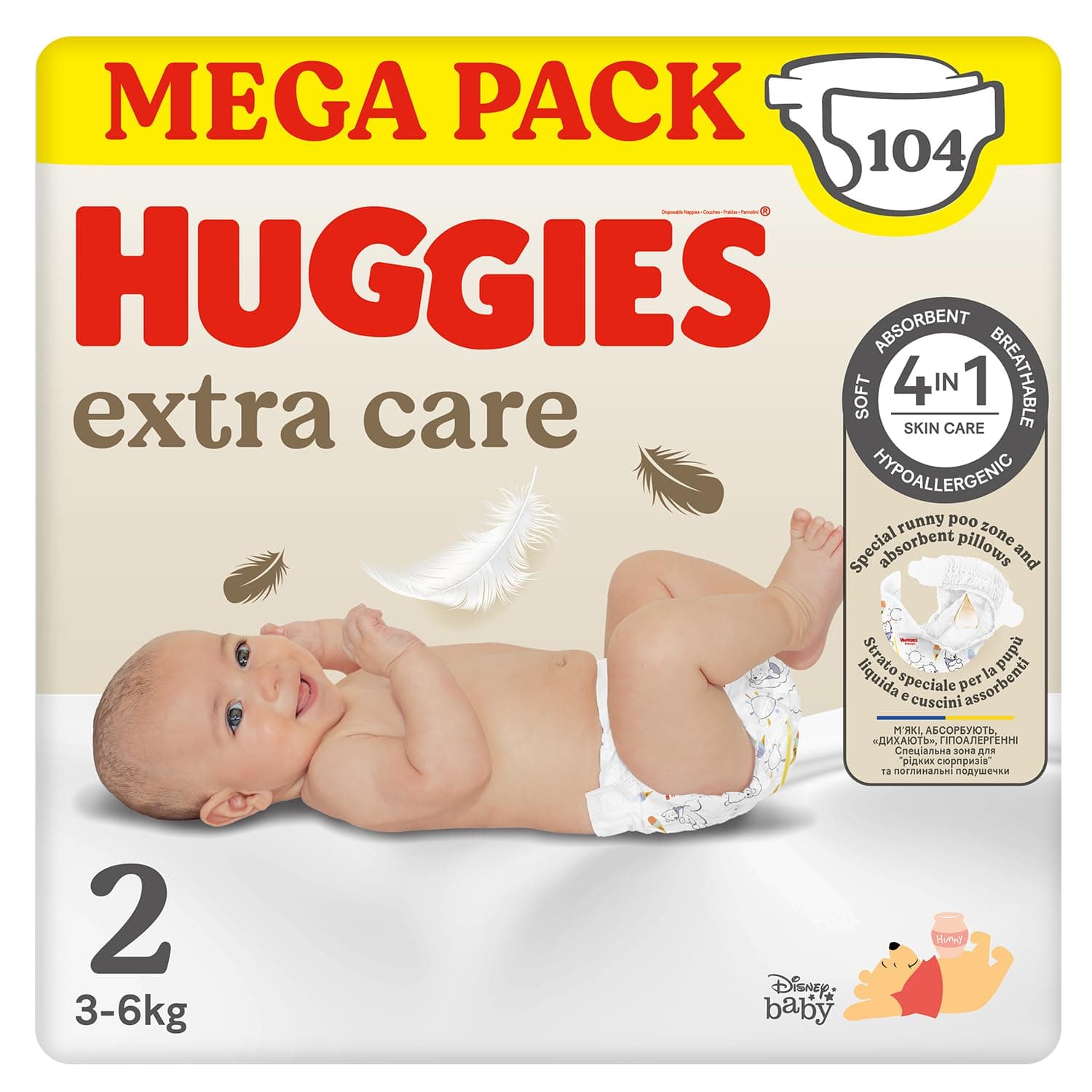Huggies Extra Care Bebe, Pannolini Taglia 2 (3-6Kg), Ultra assorbente, Design Disney, Pacco Mega, 104 Pz