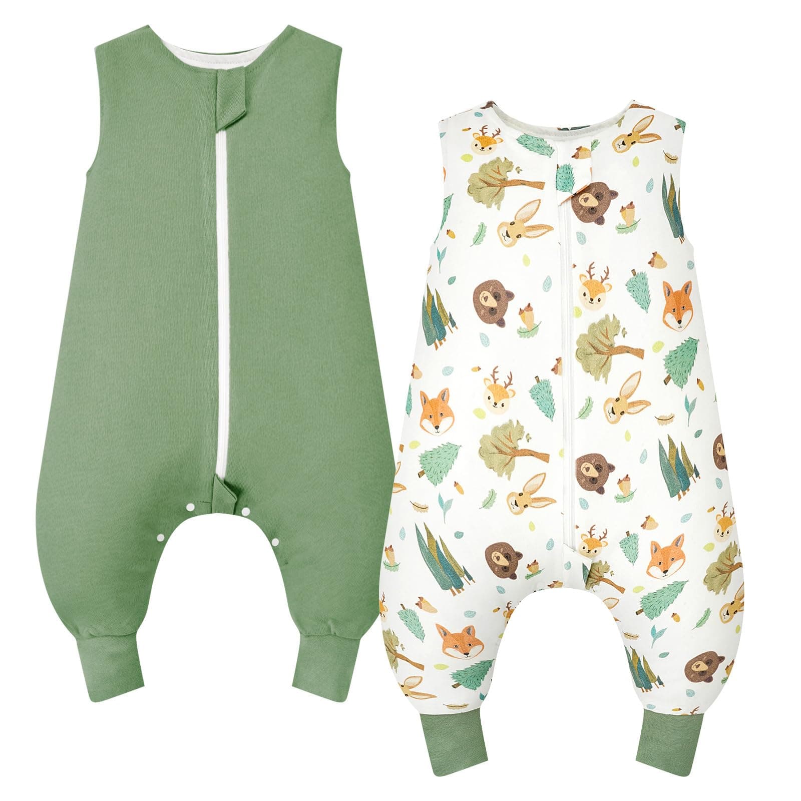 WYTbaby Sacco Nanna Con Piedini 1.0 Tog,100% Cotone Sacco Nanna Primaverile Per Ragazze e Ragazzi, Animali Della Foresta + Verde Chiaro(2 Pezzi)