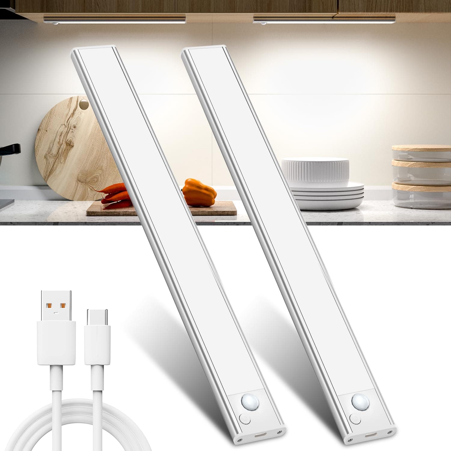 JEKEMORYE Luz LED Armario con Sensor Movimiento Blanco Natural Magnética Adhesiva USB Recargable Nocturna para Guardarropa Escaparate Entrada 2 Piezas