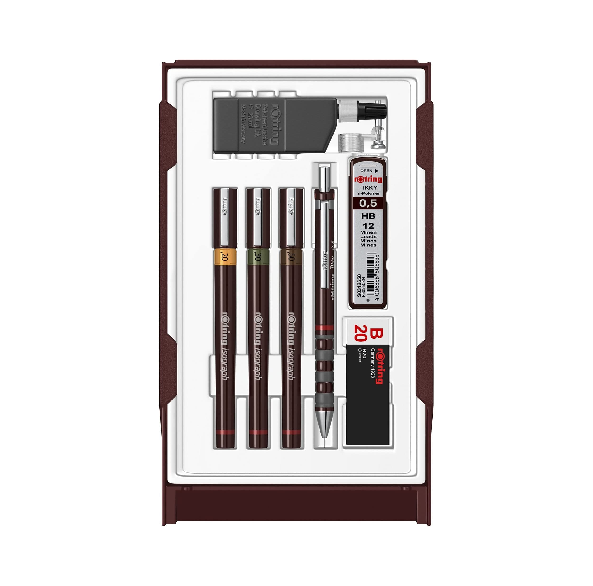 rOtring Isograph Set de Rotuladores Técnicos y Lápiz para Estudiantes | 3 Rotuladores (0,20 mm0,30 mm0,50 mm) y Portaminas (0,5 mm) + Accesorios