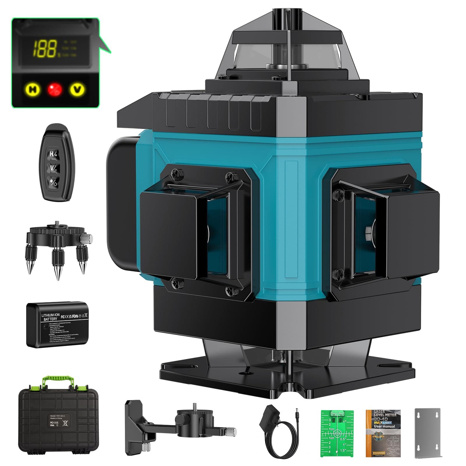 Nivel Laser Autonivelante 360 Grados, Nivel Láser Verde 16 Líneas, 2 x 360 Horizontal y 2 x 360 Verticales, 2 x Batería, Montaje en Pared, Control Remoto, Base Magnética, Soporte Giratorio